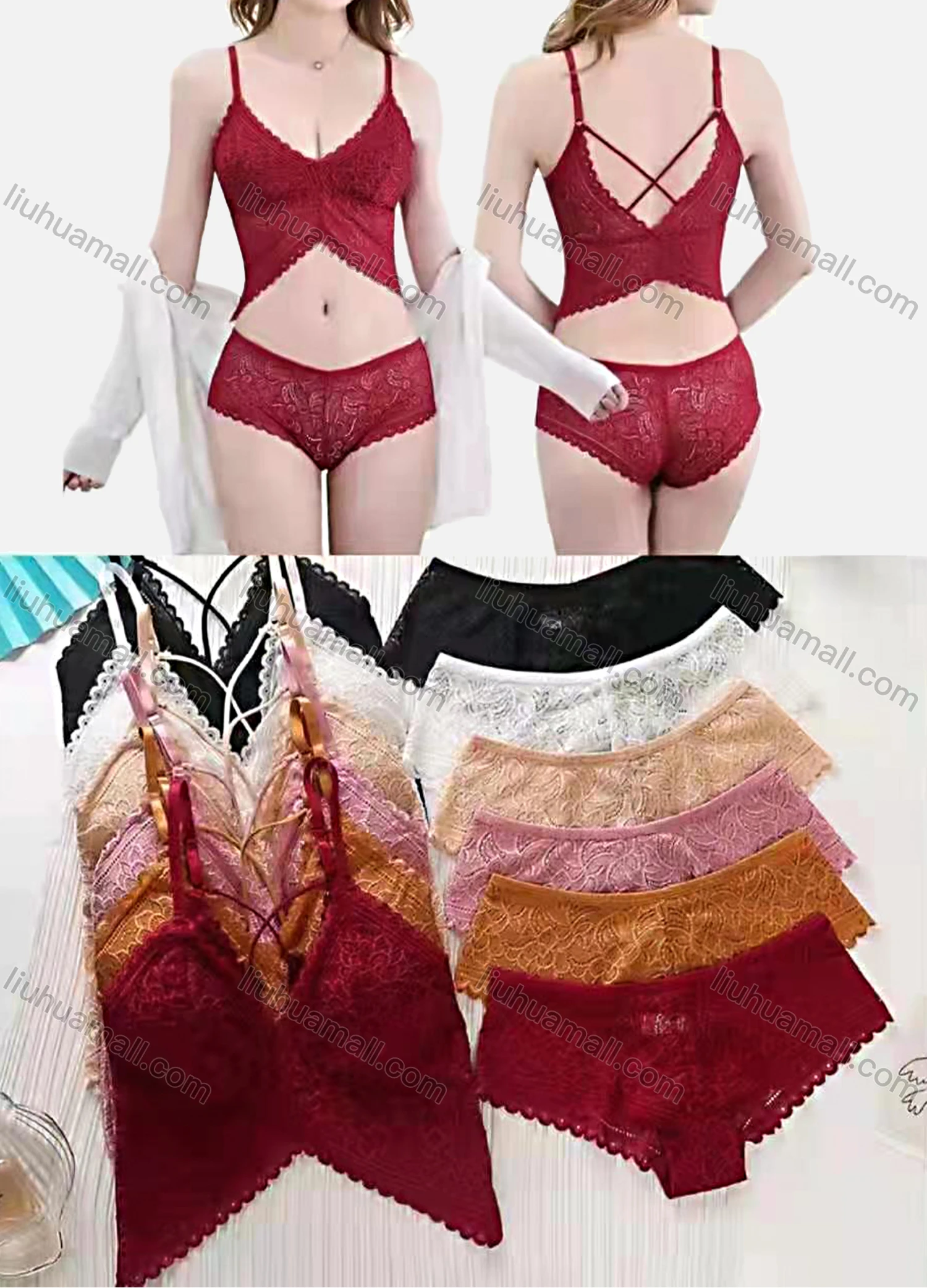 Wholesale Women's Plain Guipure Lace Bra & Brief 2 Pieces Set - Liuhuamall