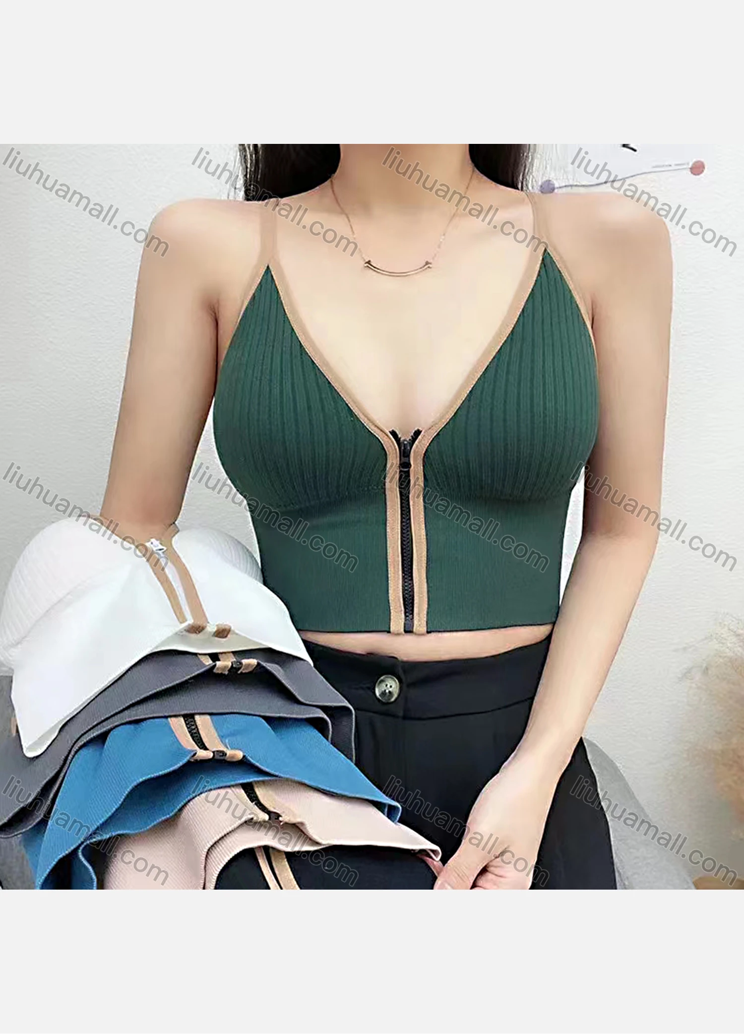 Wholesale Women's Casual V neck Zipper Cami Top - Liuhuamall