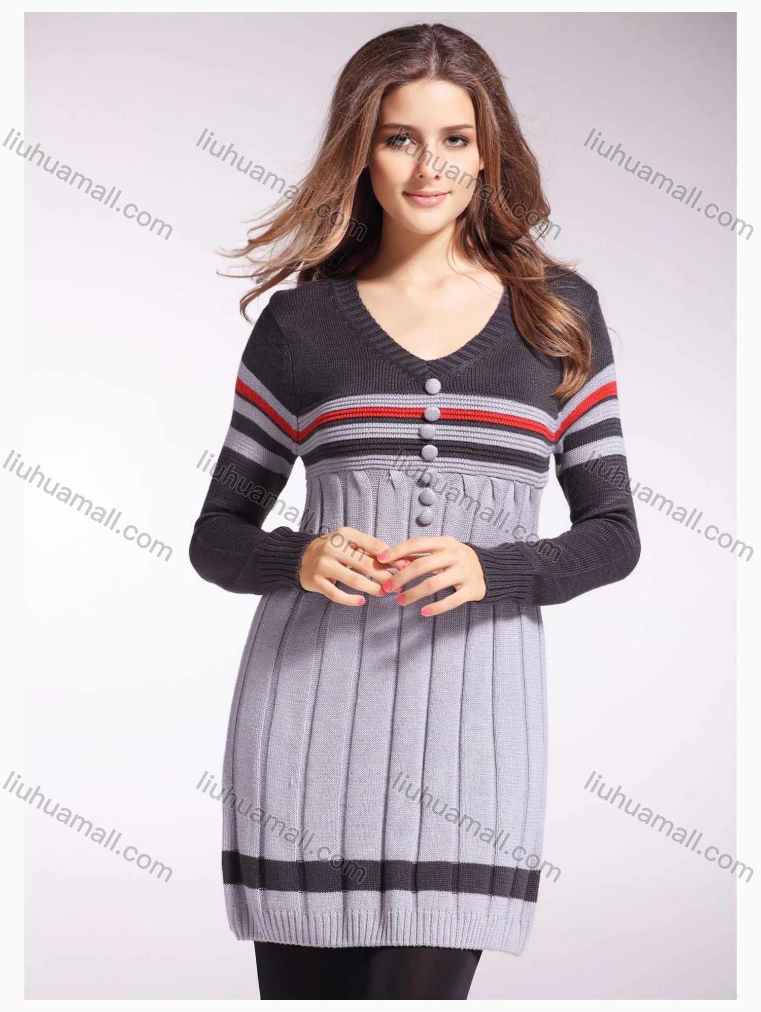 Wholesale Women's V Neck Long Sleeve Striped Button Decor Pullover Sweater - Liuhuamall