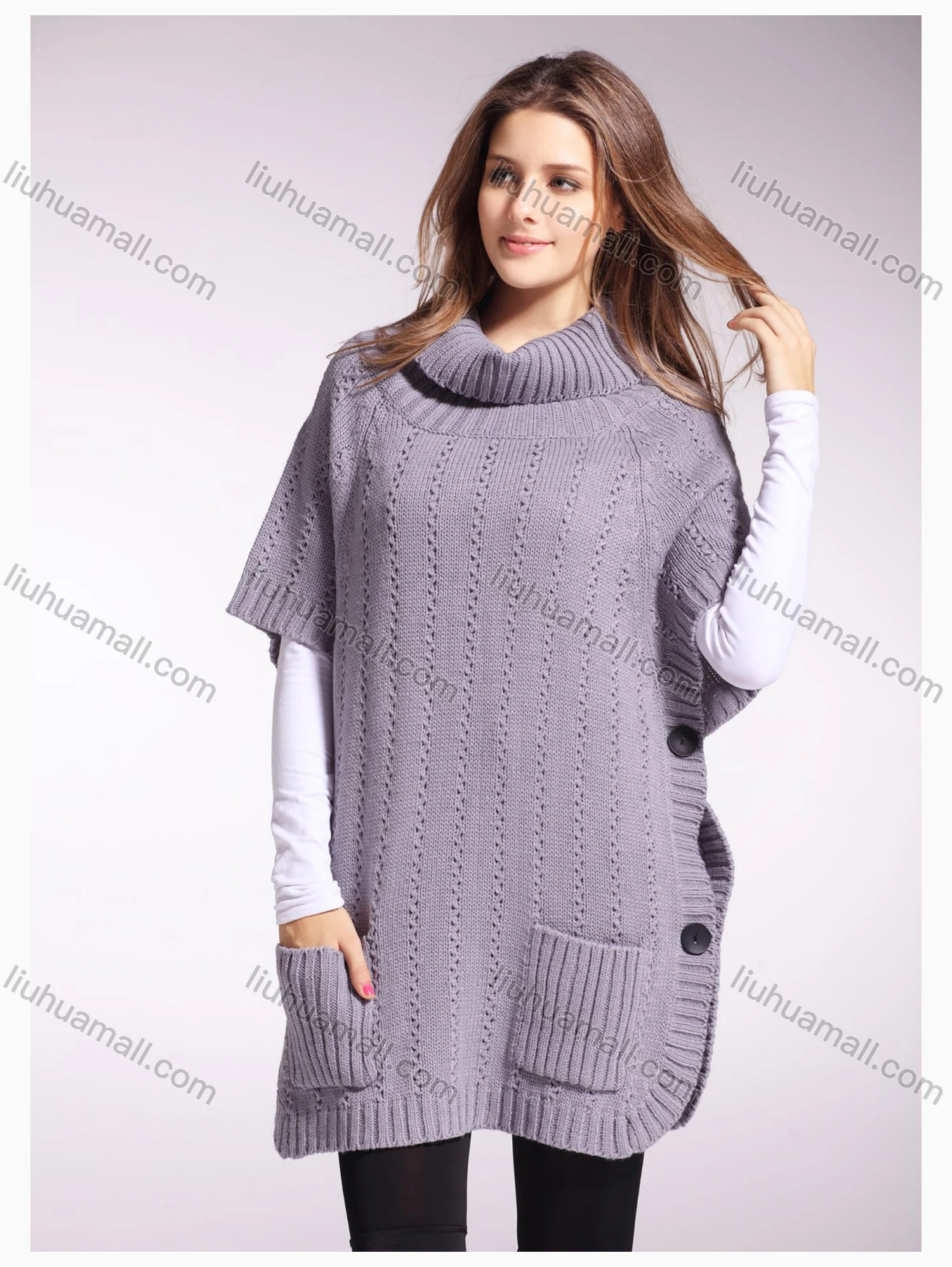 Wholesale Women's Turtleneck Button Side Plain Dual Pockets Pullover Sweater - Liuhuamall