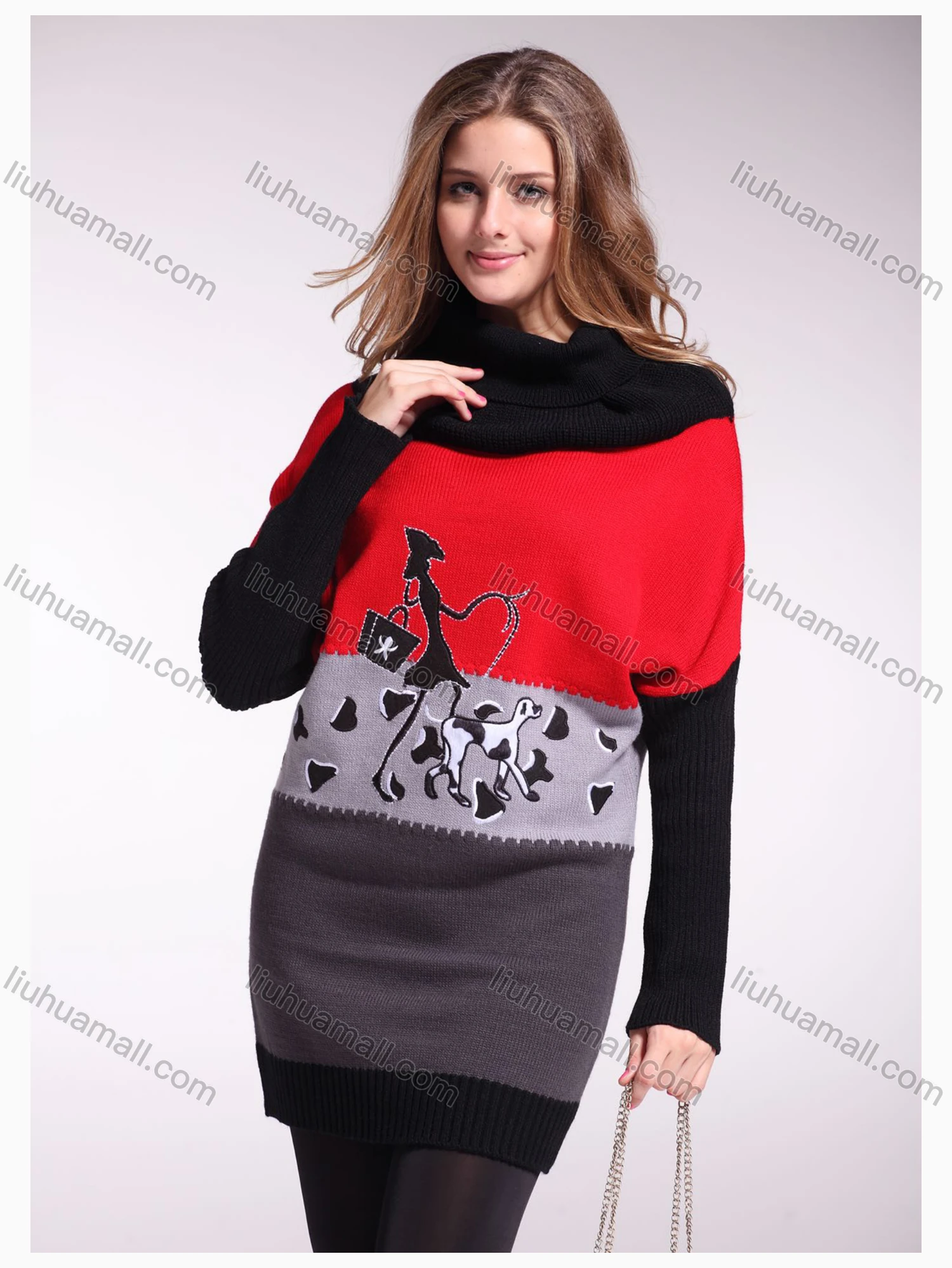 Wholesale Women's High Neck Colorblock Cartoon Pullover Sweater - Liuhuamall