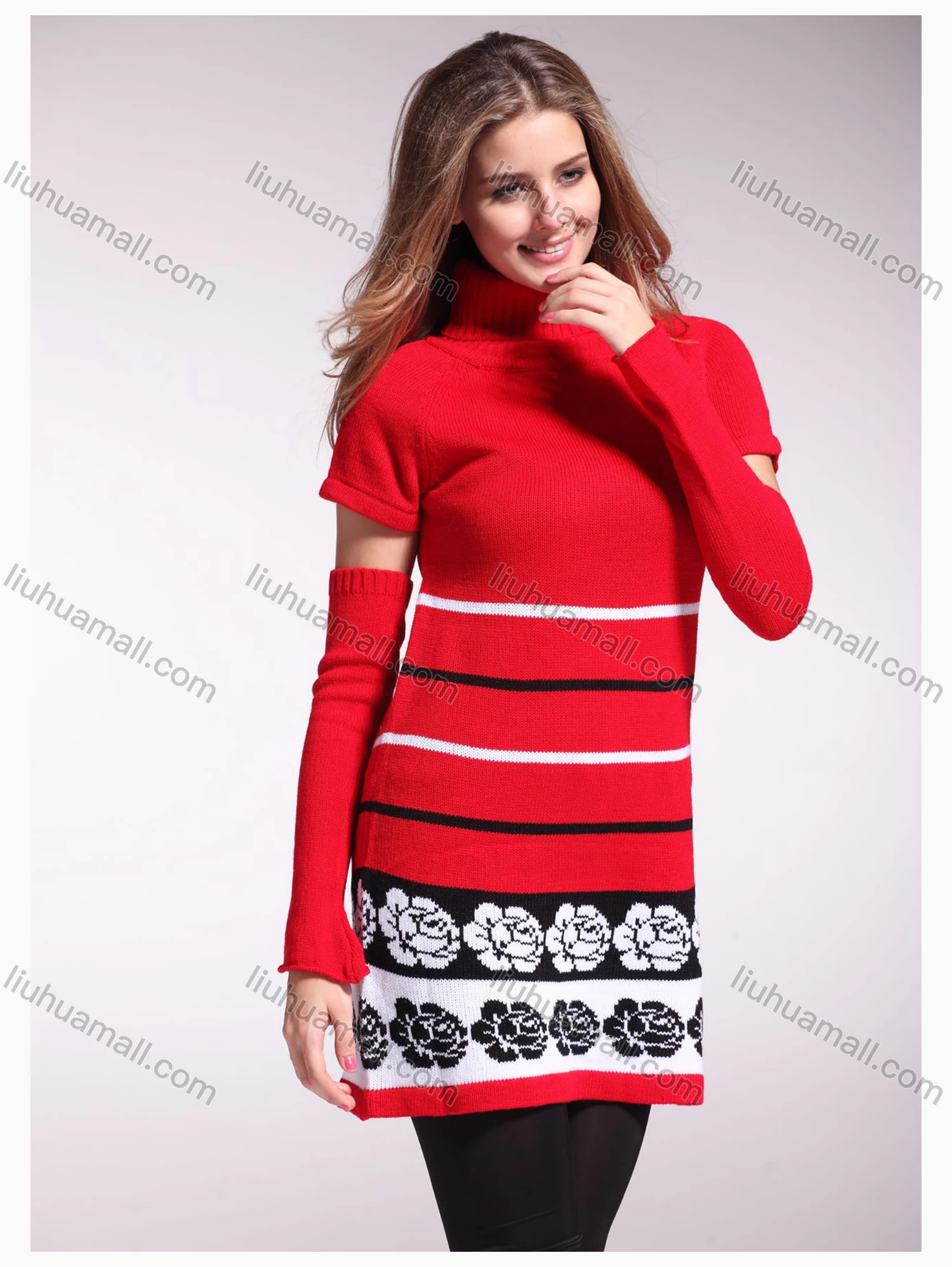 Wholesale Women's Turtleneck Short Sleeve Floral Striped Pullover Sweater With Sleevelet - Liuhuamall