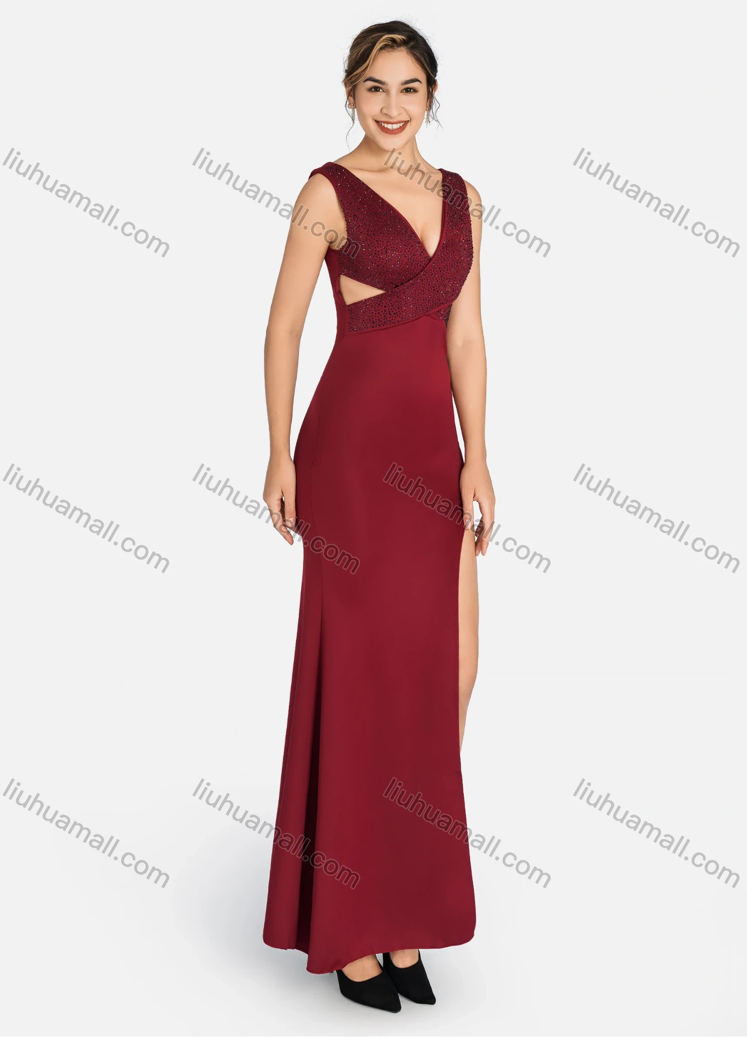 Wholesale Women's Glamorous Plain V Neck Cross Front Split Thigh Cutout Rhinestone Mermaid Evening Dress 9160# - Liuhuamall