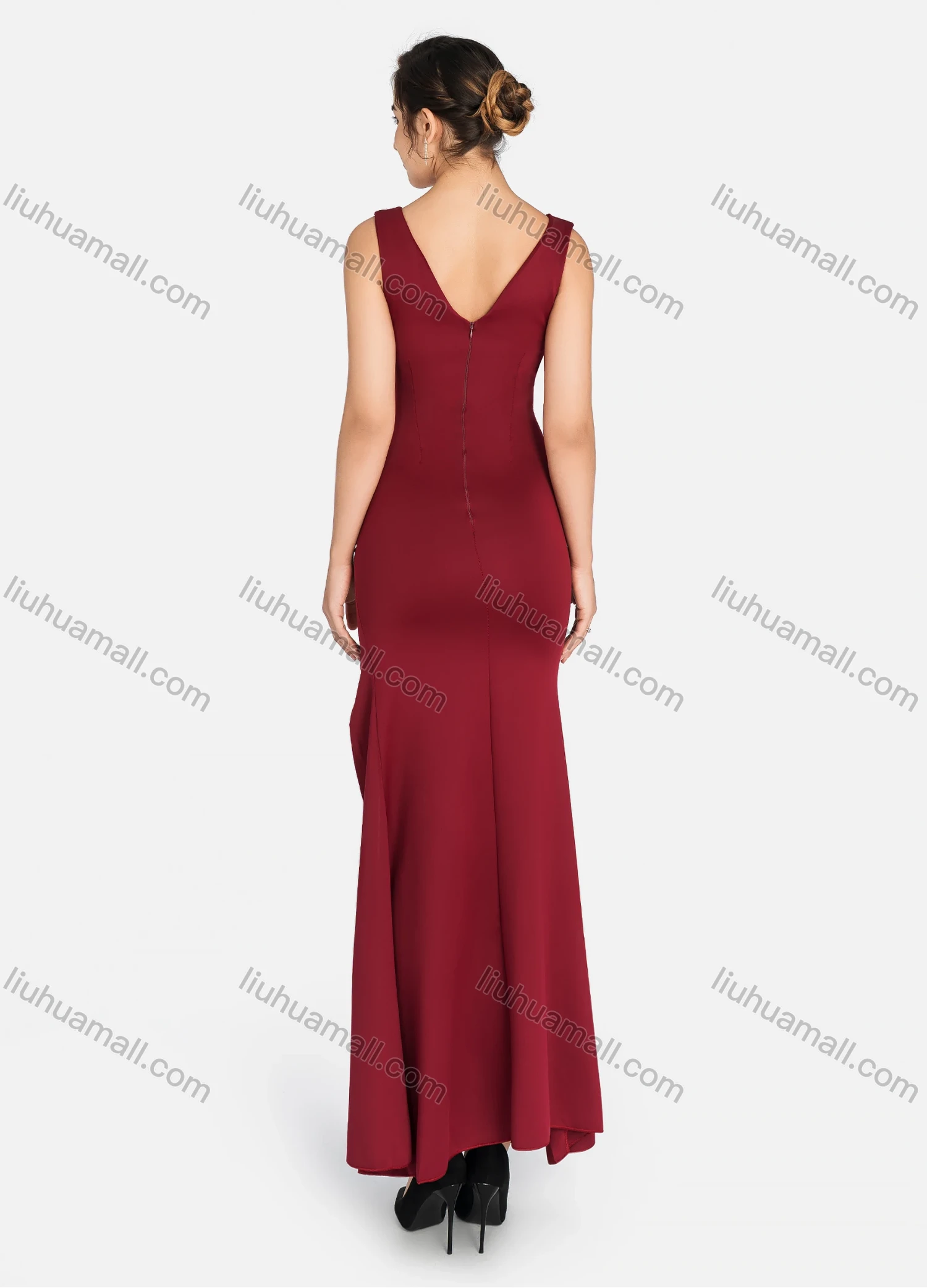 Wholesale Women's Glamorous Plain V Neck Cross Front Split Thigh Cutout Rhinestone Mermaid Evening Dress 9160# - Liuhuamall