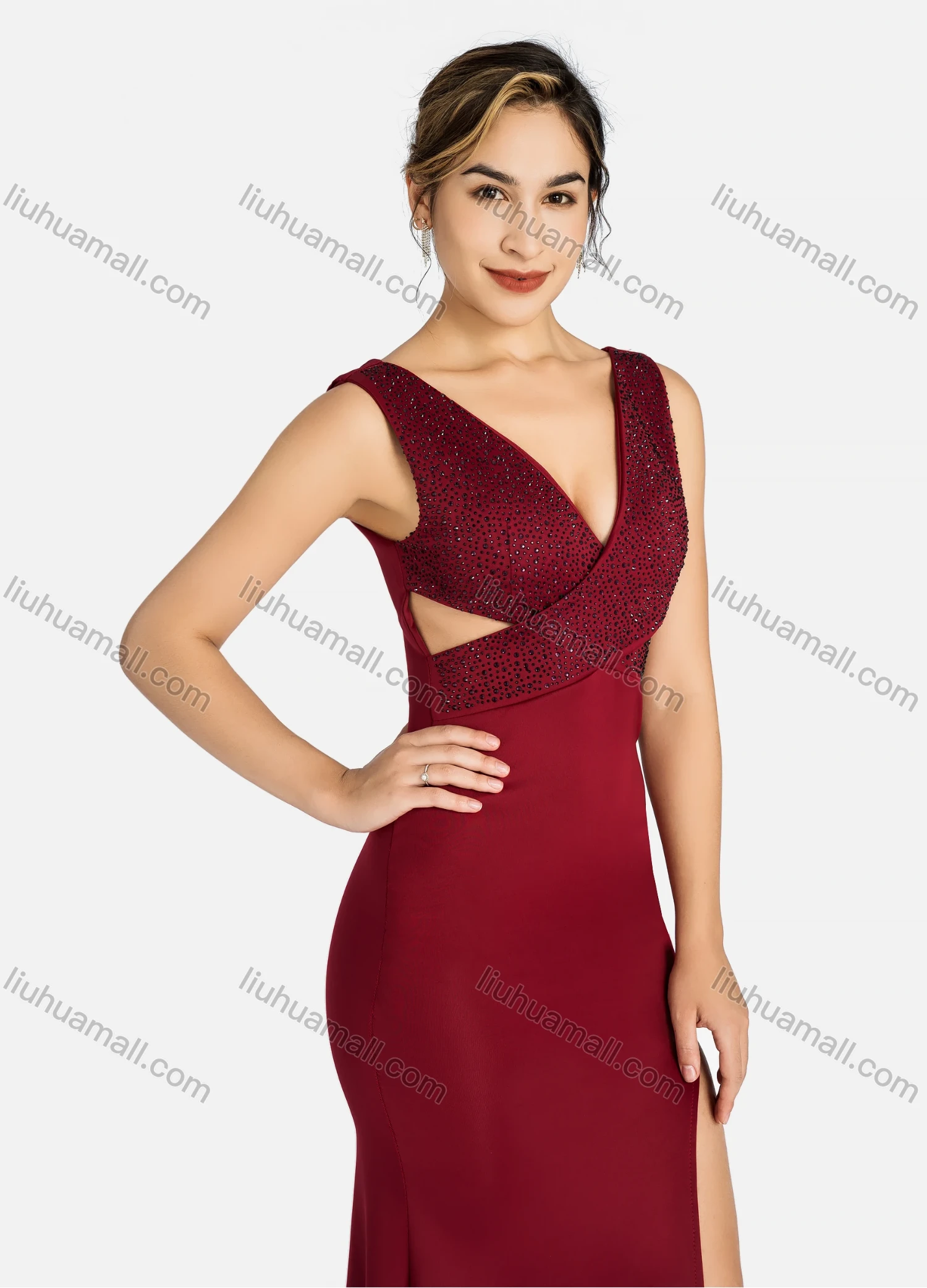 Wholesale Women's Glamorous Plain V Neck Cross Front Split Thigh Cutout Rhinestone Mermaid Evening Dress 9160# - Liuhuamall