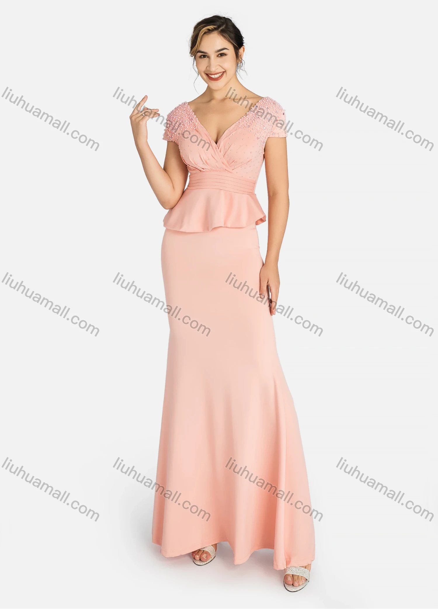 Wholesale Women's Elegant Wrap V Neck Rhinestone Pearl Decor Pleated Ruched Ruffle Trim Maxi Mermaid Evening Dress 91888# - Liuhuamall