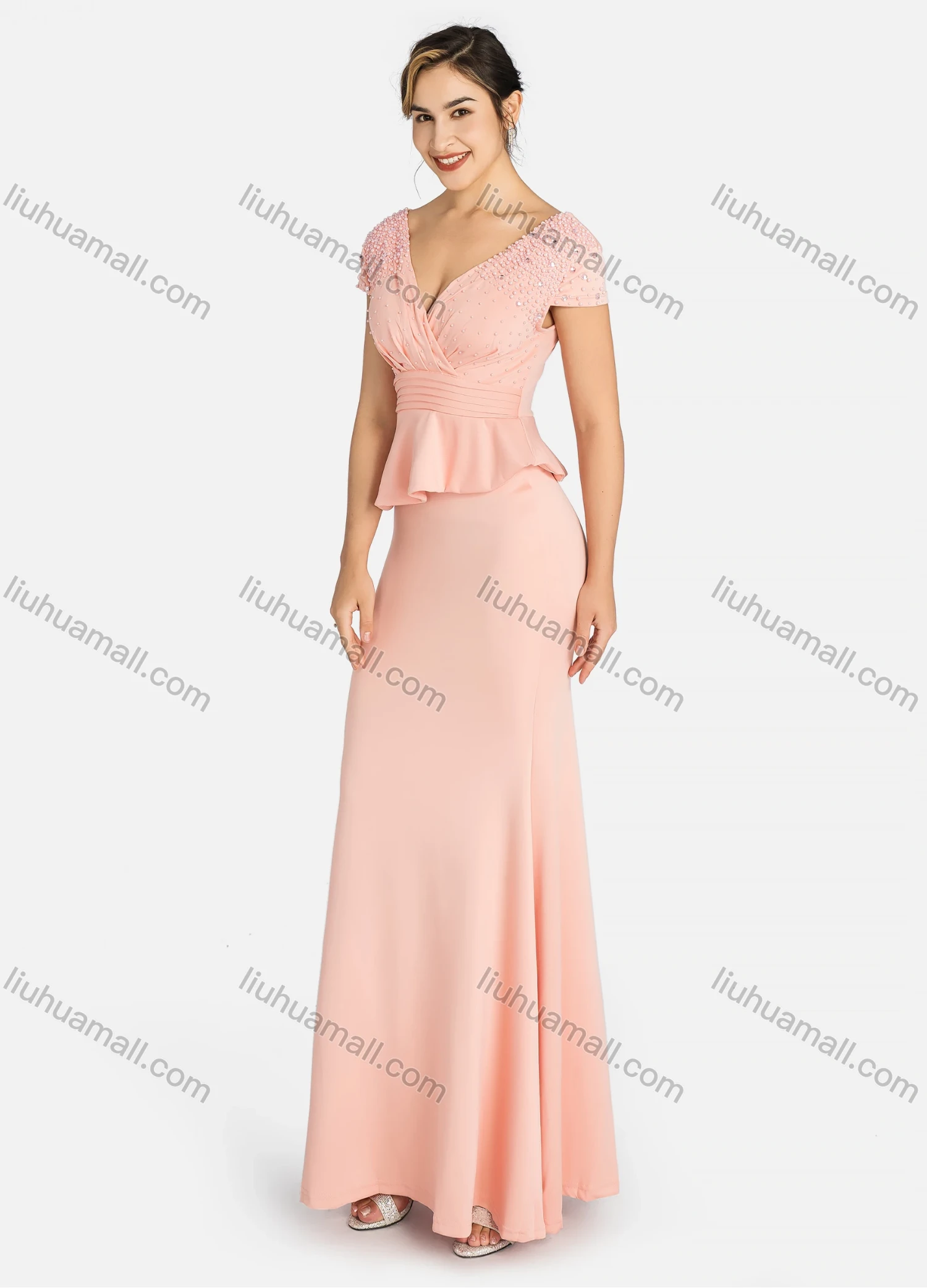 Wholesale Women's Elegant Wrap V Neck Rhinestone Pearl Decor Pleated Ruched Ruffle Trim Maxi Mermaid Evening Dress 91888# - Liuhuamall