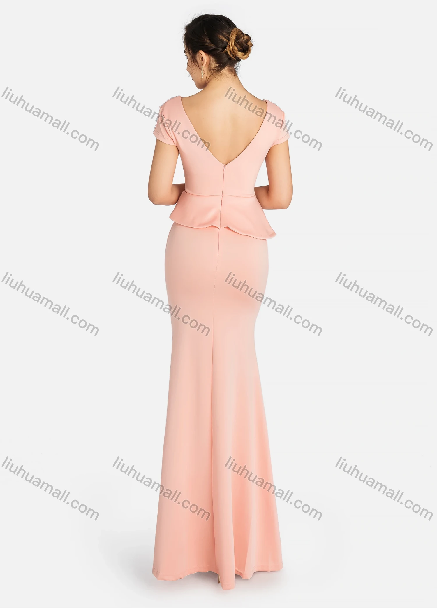 Wholesale Women's Elegant Wrap V Neck Rhinestone Pearl Decor Pleated Ruched Ruffle Trim Maxi Mermaid Evening Dress 91888# - Liuhuamall