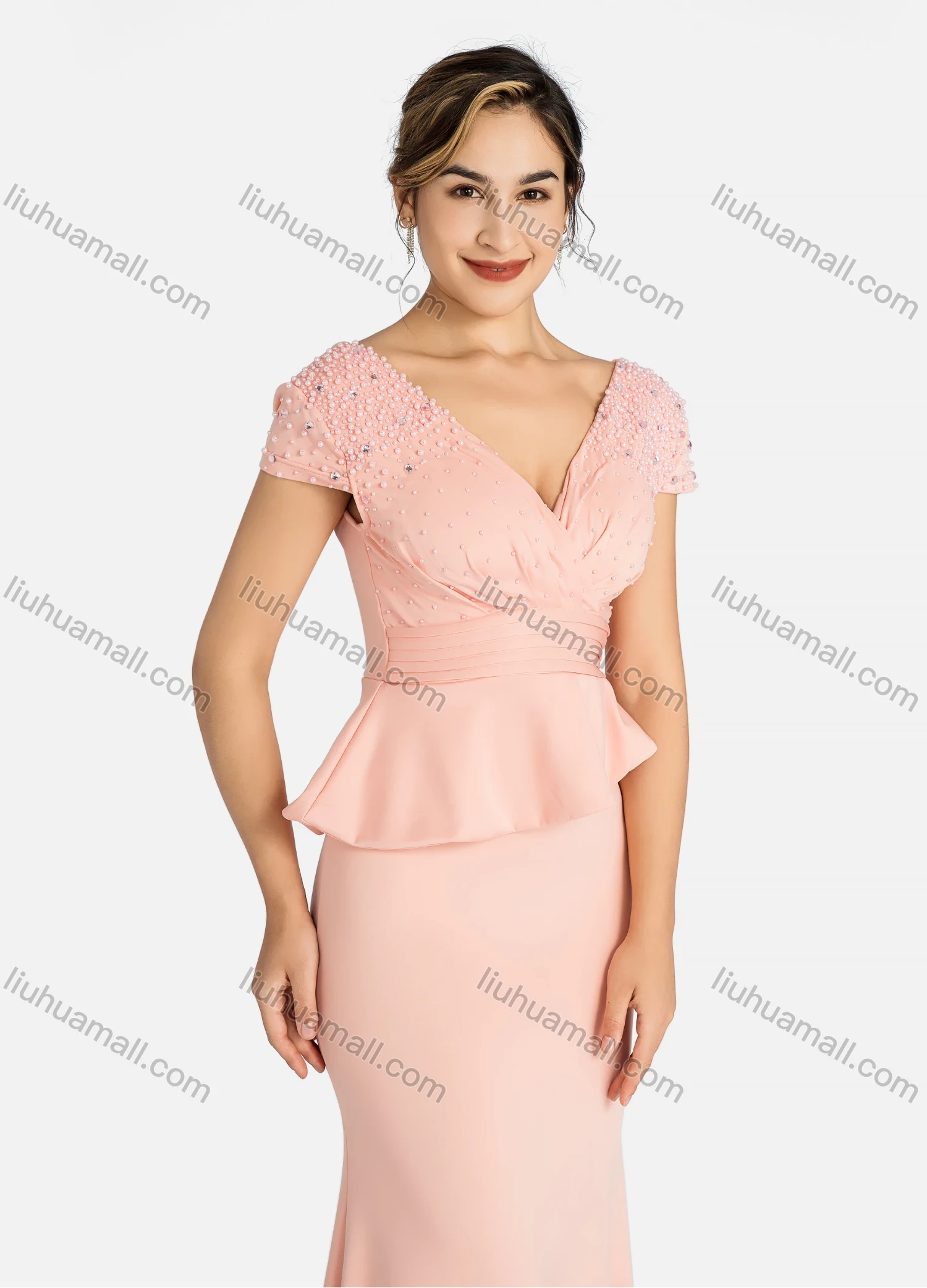 Wholesale Women's Elegant Wrap V Neck Rhinestone Pearl Decor Pleated Ruched Ruffle Trim Maxi Mermaid Evening Dress 91888# - Liuhuamall