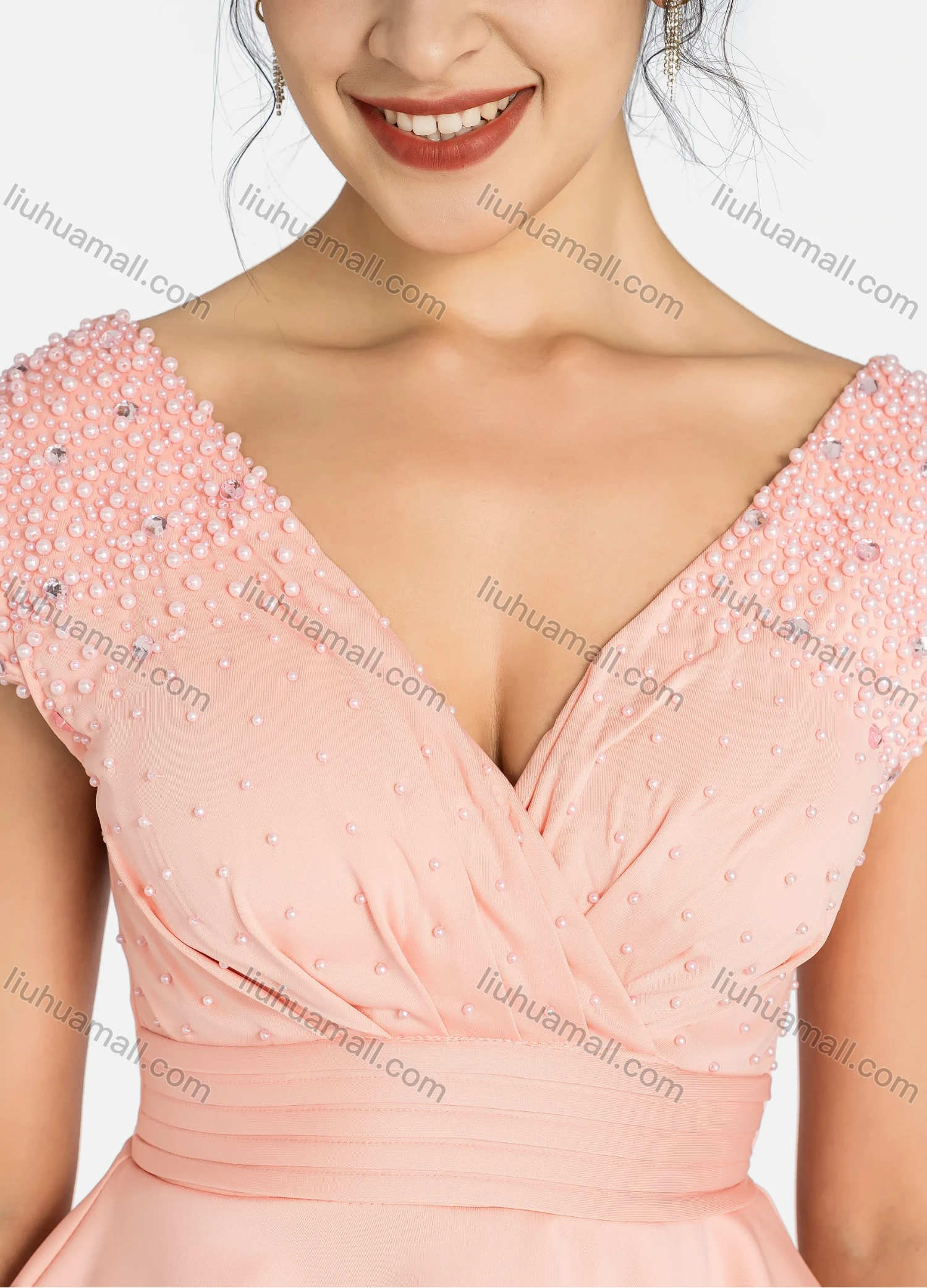 Wholesale Women's Elegant Wrap V Neck Rhinestone Pearl Decor Pleated Ruched Ruffle Trim Maxi Mermaid Evening Dress 91888# - Liuhuamall