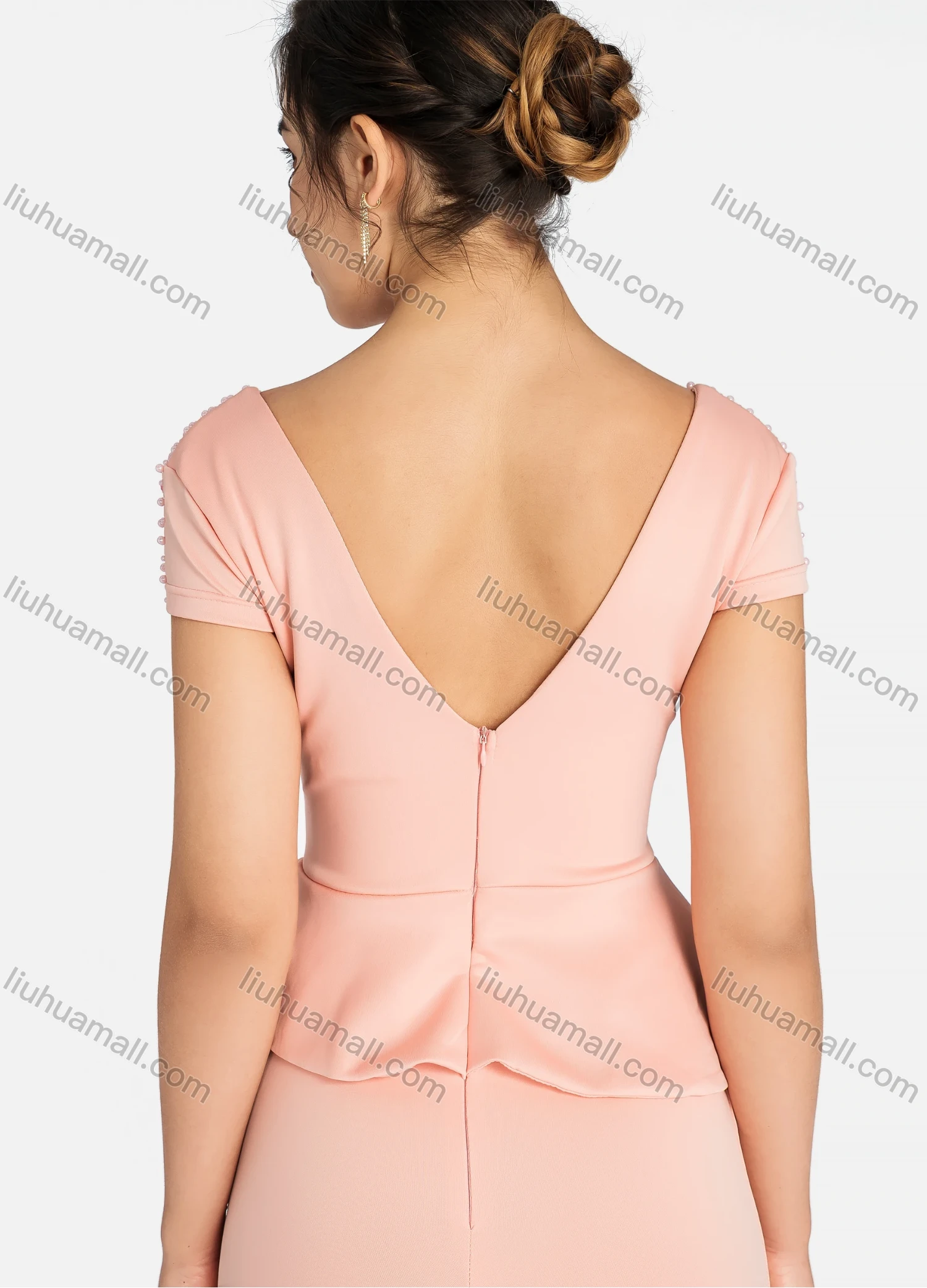 Wholesale Women's Elegant Wrap V Neck Rhinestone Pearl Decor Pleated Ruched Ruffle Trim Maxi Mermaid Evening Dress 91888# - Liuhuamall