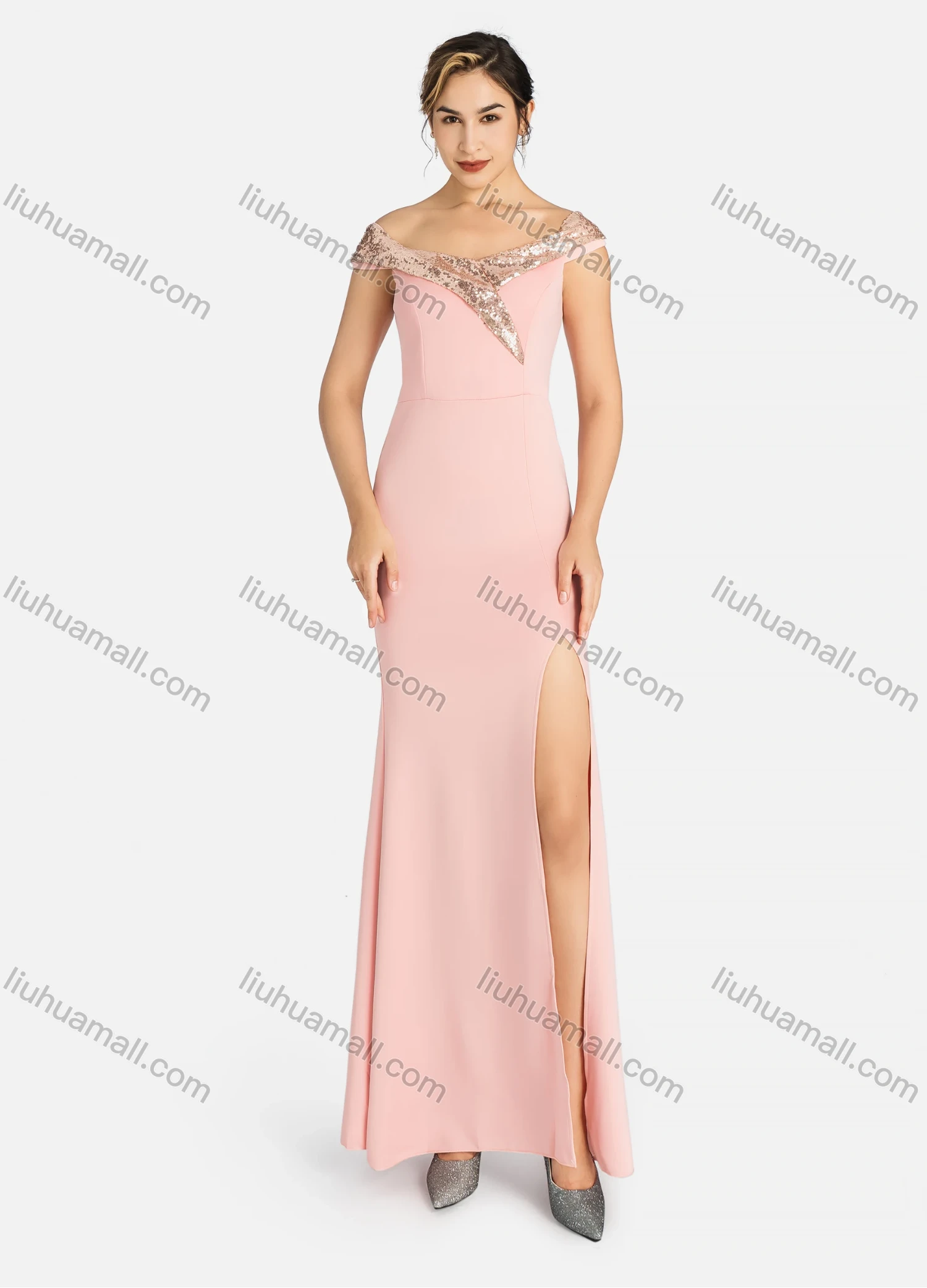 Wholesale Women's Elegant Off Shoulder Plain Splicing Sequin Split Thigh Maxi Mermaid Evening Dress 9056# - Liuhuamall