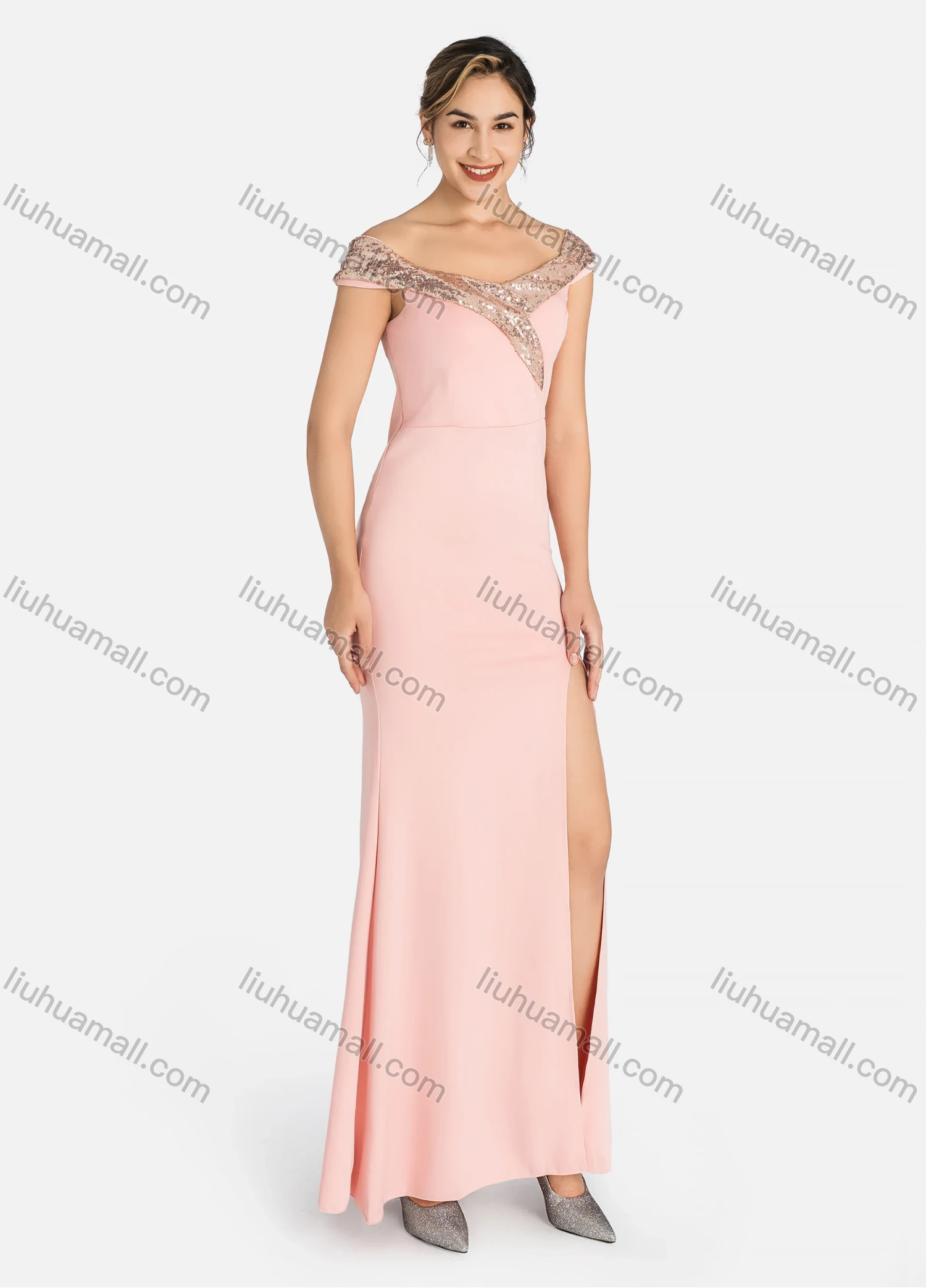 Wholesale Women's Elegant Off Shoulder Plain Splicing Sequin Split Thigh Maxi Mermaid Evening Dress 9056# - Liuhuamall