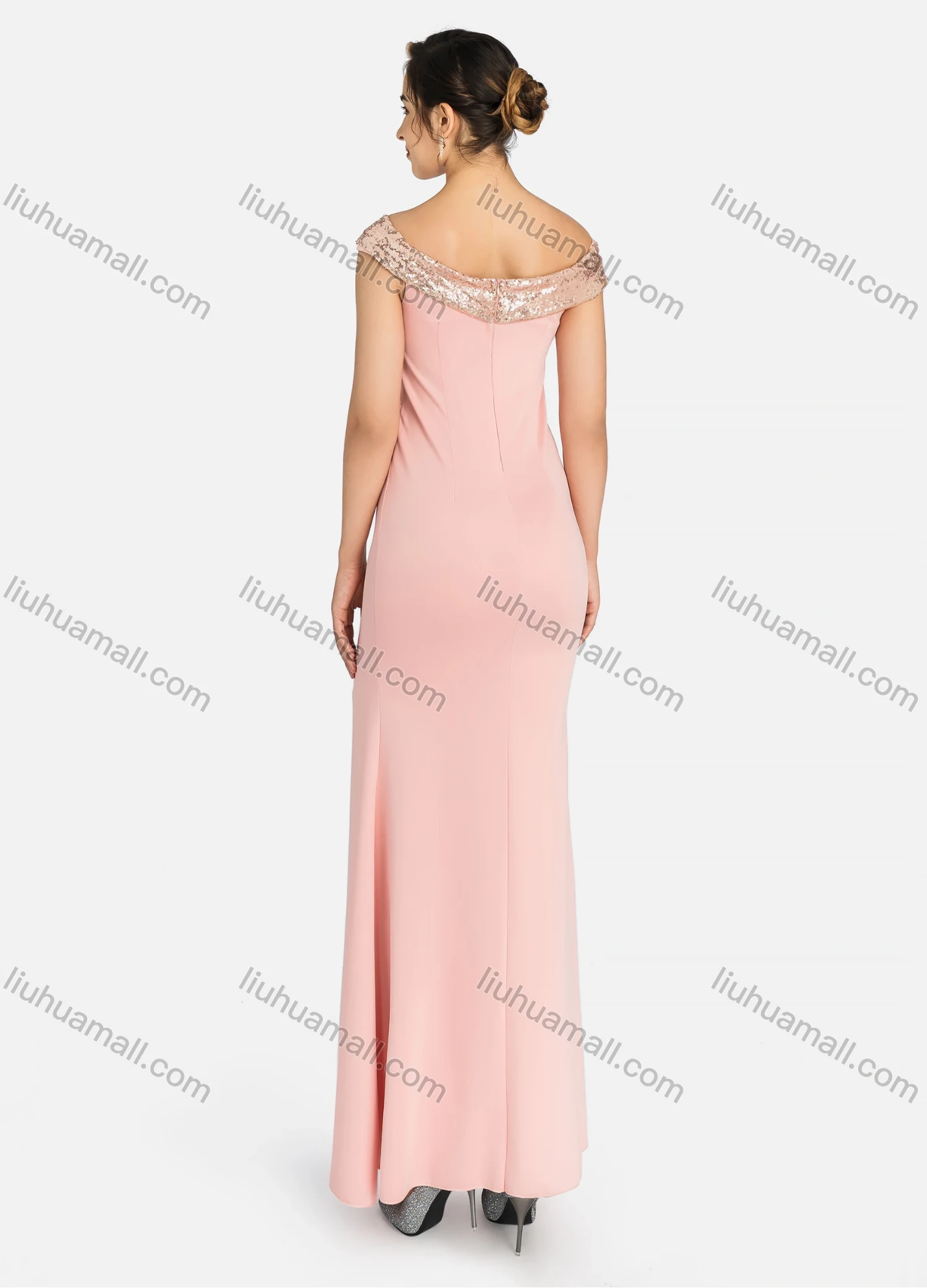 Wholesale Women's Elegant Off Shoulder Plain Splicing Sequin Split Thigh Maxi Mermaid Evening Dress 9056# - Liuhuamall