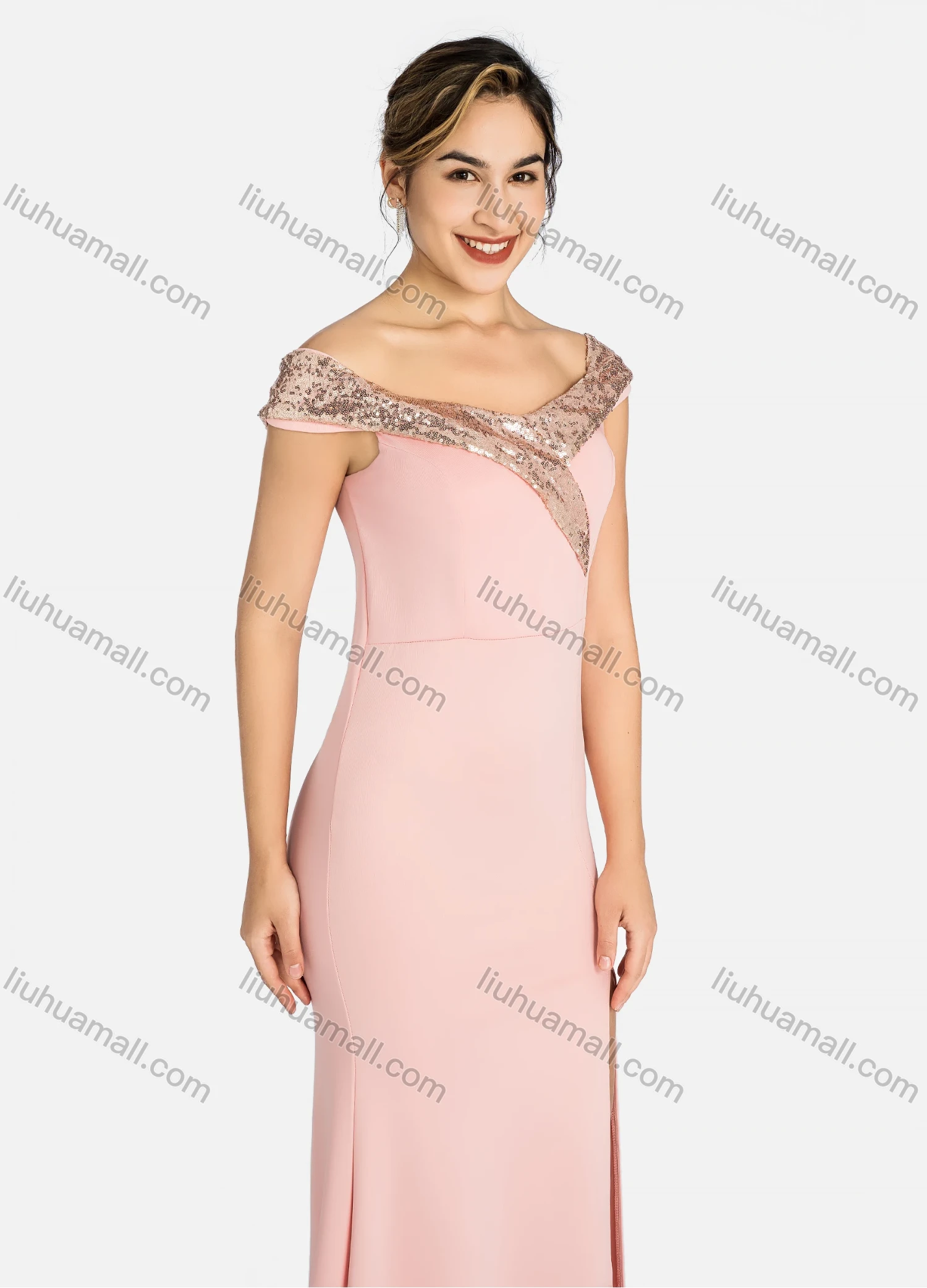 Wholesale Women's Elegant Off Shoulder Plain Splicing Sequin Split Thigh Maxi Mermaid Evening Dress 9056# - Liuhuamall