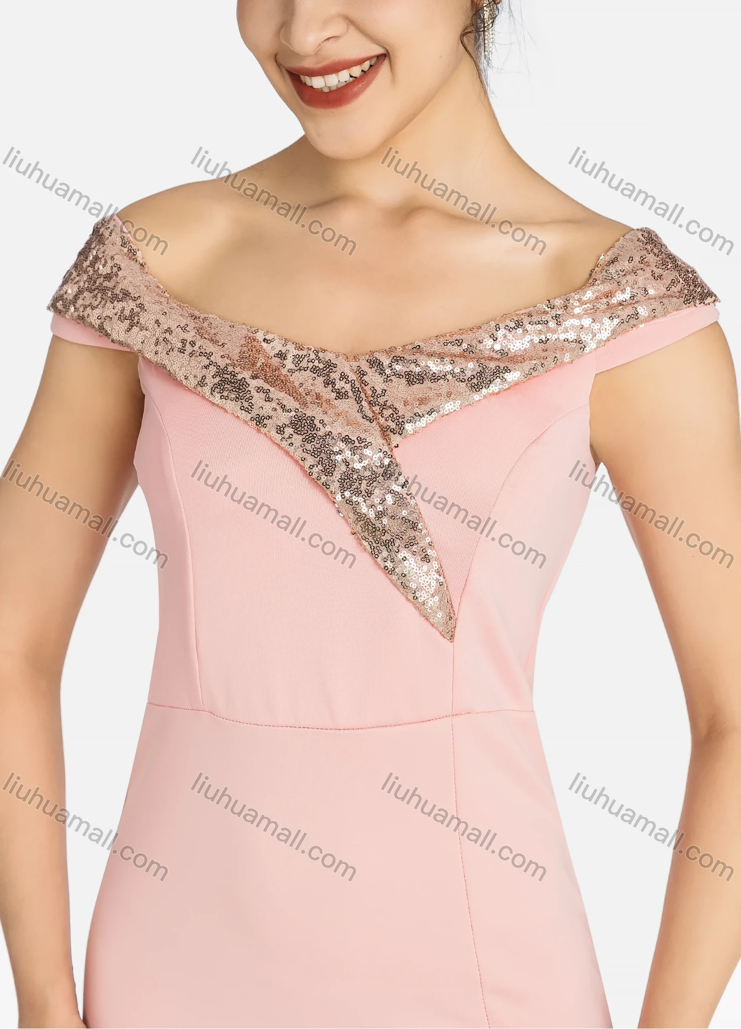 Wholesale Women's Elegant Off Shoulder Plain Splicing Sequin Split Thigh Maxi Mermaid Evening Dress 9056# - Liuhuamall