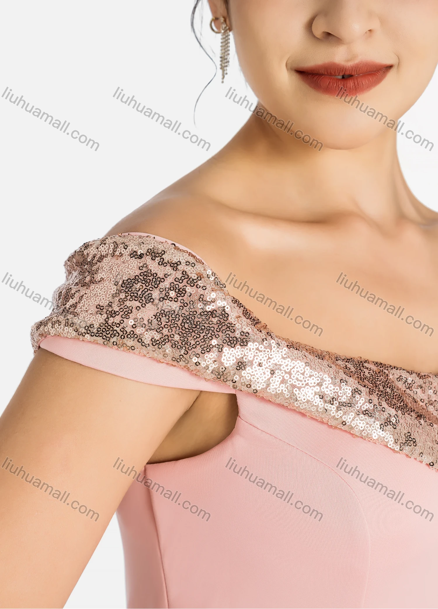 Wholesale Women's Elegant Off Shoulder Plain Splicing Sequin Split Thigh Maxi Mermaid Evening Dress 9056# - Liuhuamall