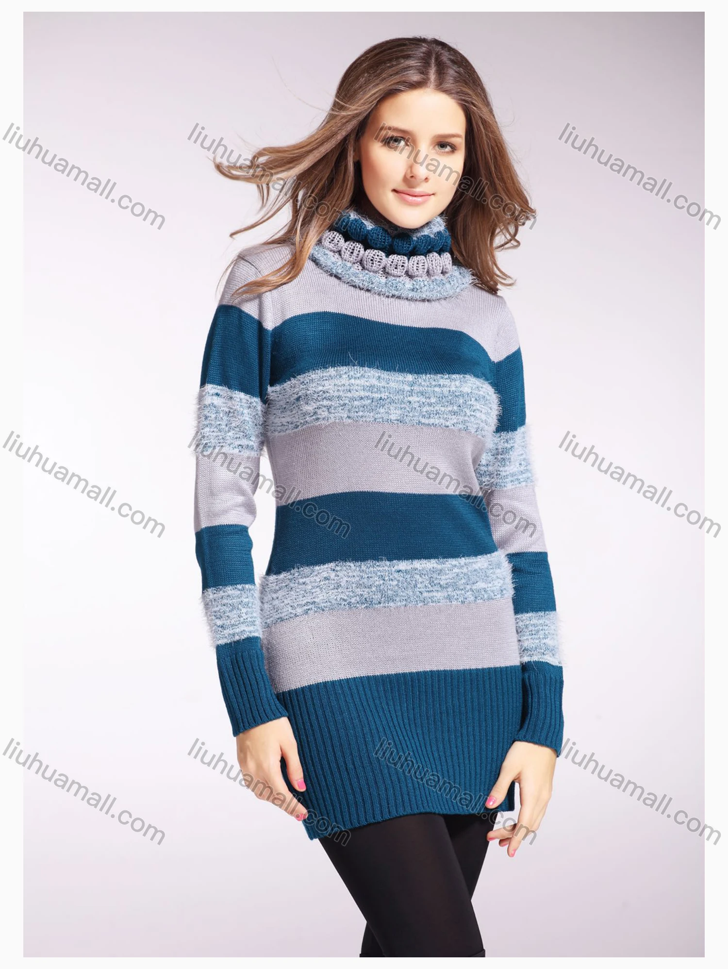 Wholesale Women's High Neck Colorblock Long Sleeve Mid Length Pullover Sweater - Liuhuamall