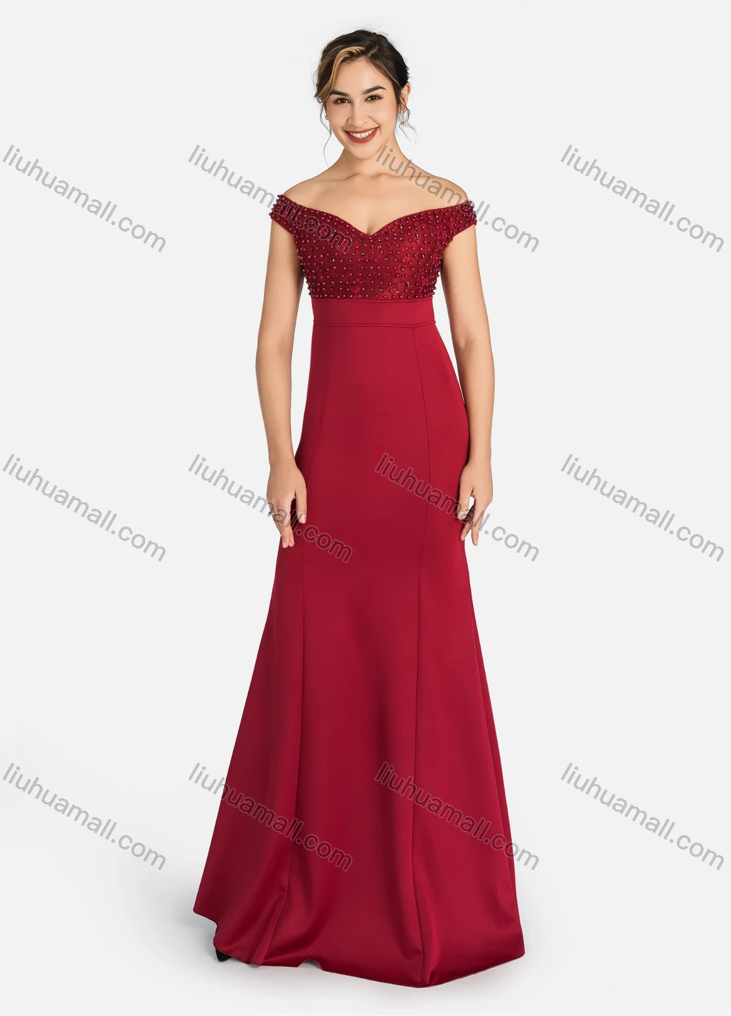 Wholesale Women's Elegant Off Shoulder Splicing Guipure Lace Rhinestone Pearl Decor Slim Fit Maxi Mermaid Evening Dress 9563# - Liuhuamall