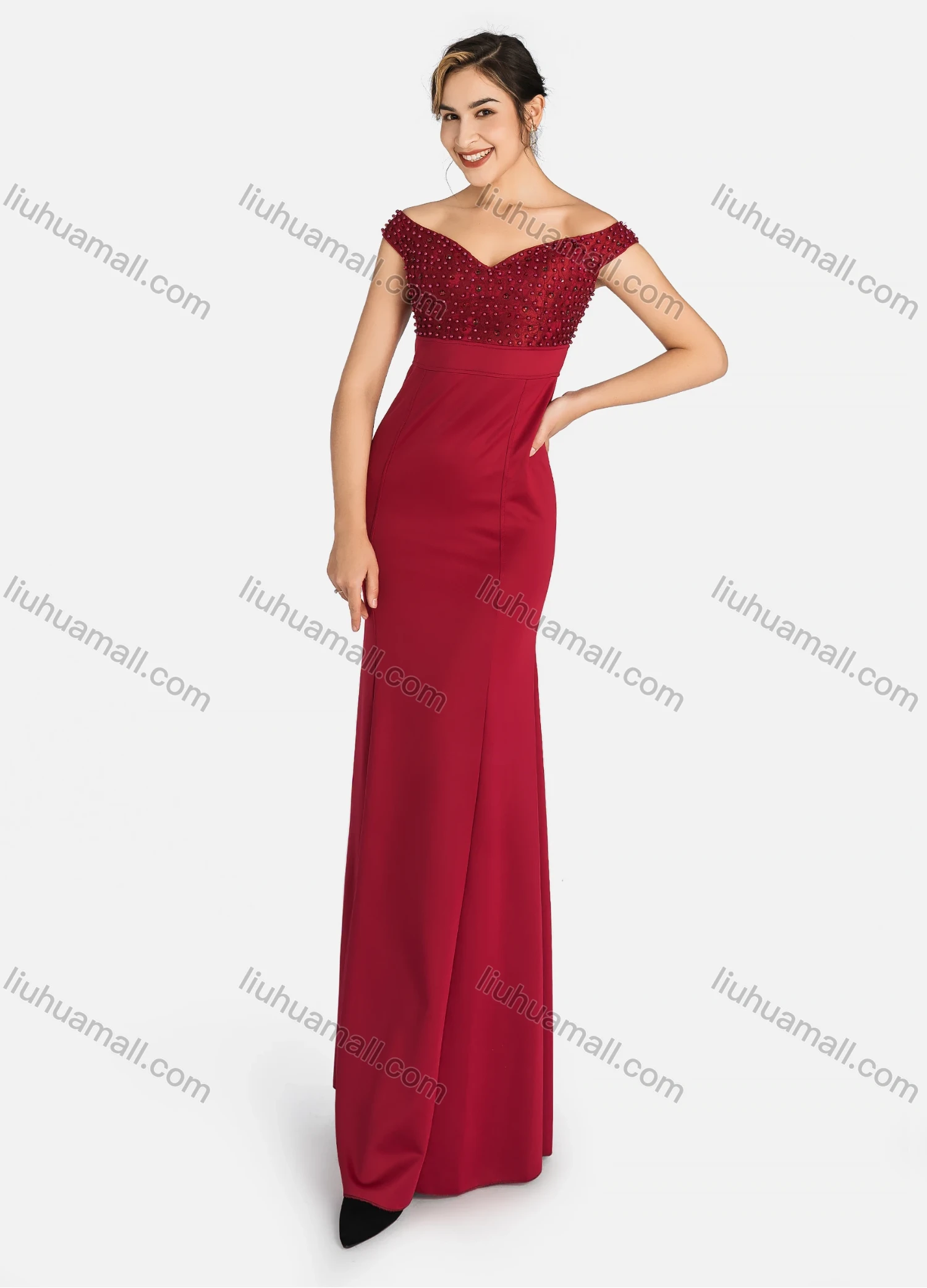 Wholesale Women's Elegant Off Shoulder Splicing Guipure Lace Rhinestone Pearl Decor Slim Fit Maxi Mermaid Evening Dress 9563# - Liuhuamall