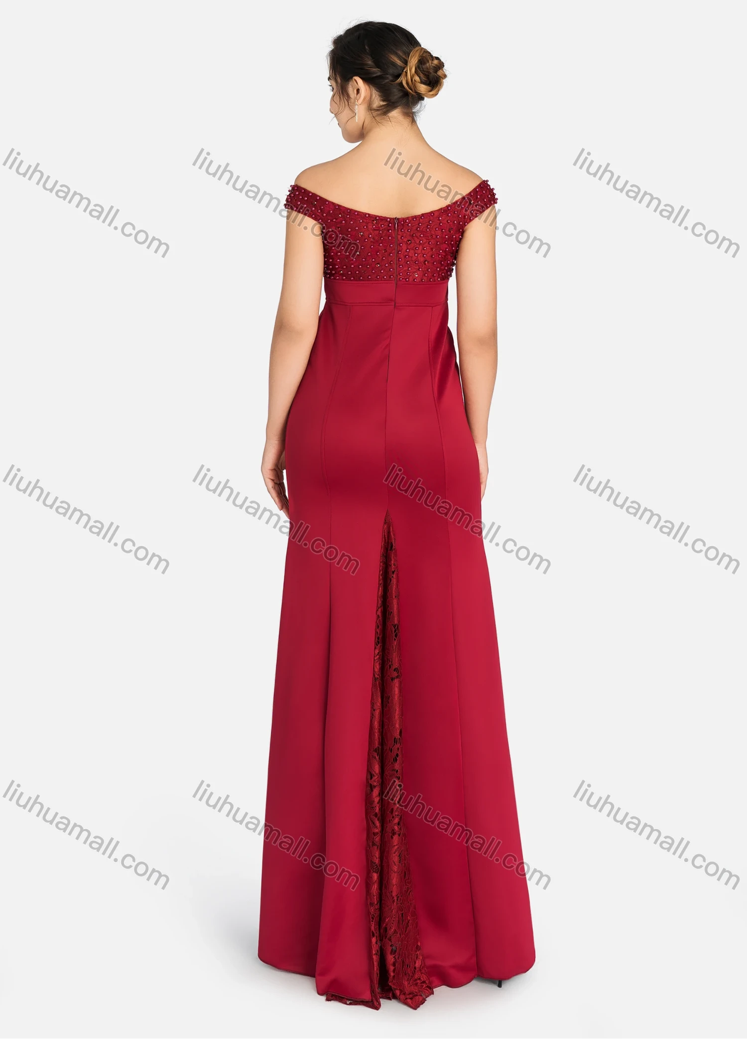 Wholesale Women's Elegant Off Shoulder Splicing Guipure Lace Rhinestone Pearl Decor Slim Fit Maxi Mermaid Evening Dress 9563# - Liuhuamall