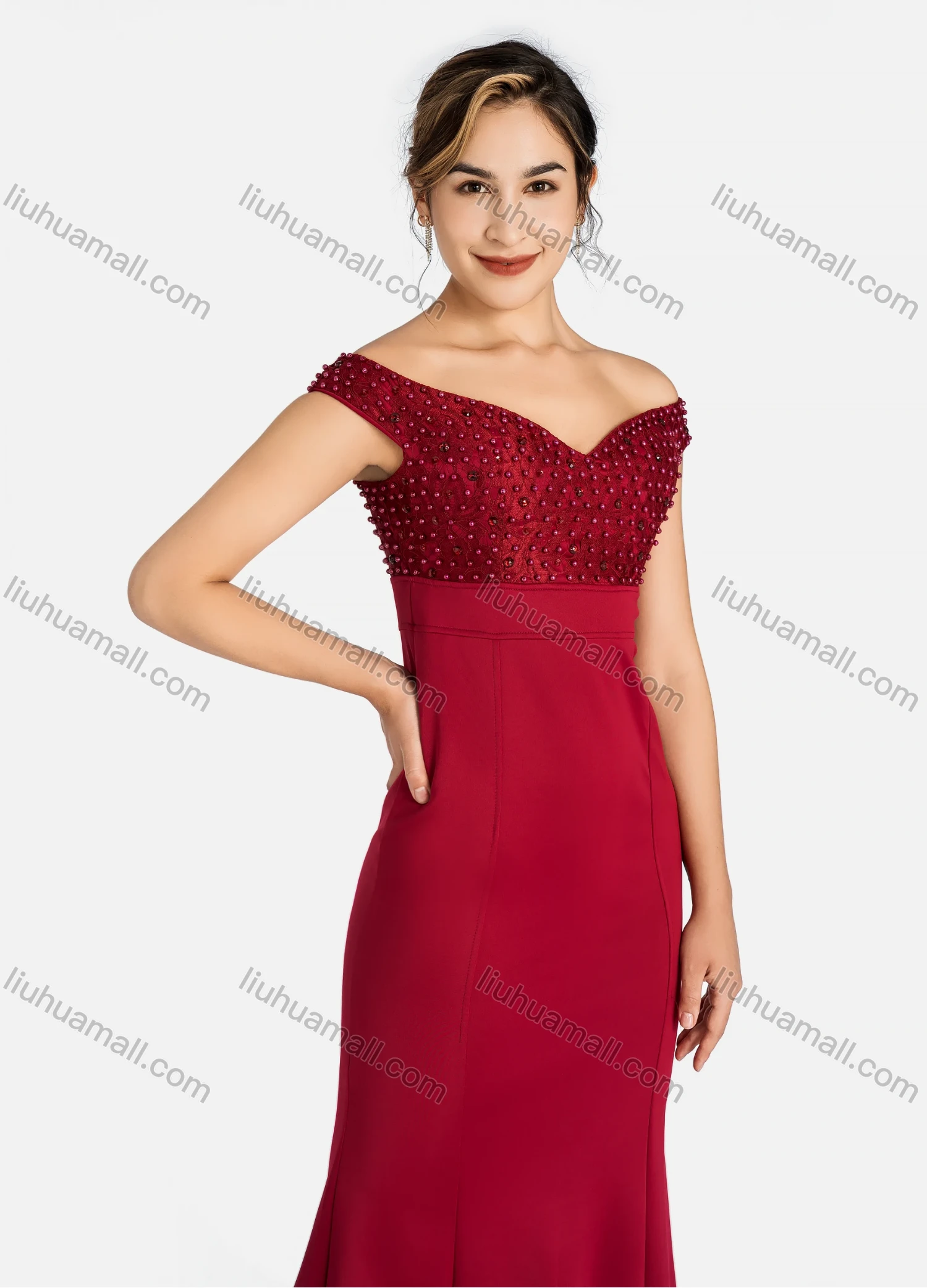 Wholesale Women's Elegant Off Shoulder Splicing Guipure Lace Rhinestone Pearl Decor Slim Fit Maxi Mermaid Evening Dress 9563# - Liuhuamall