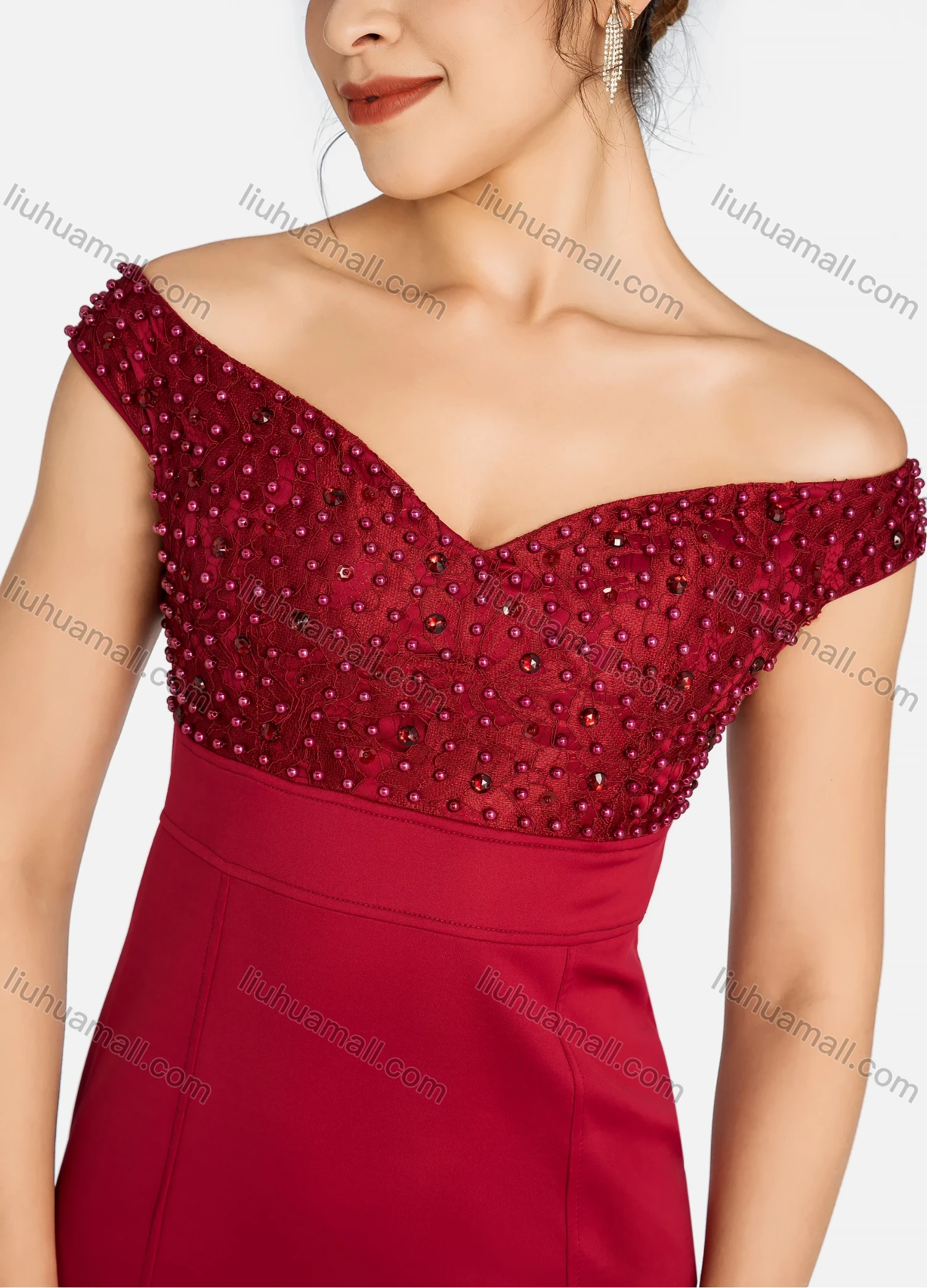 Wholesale Women's Elegant Off Shoulder Splicing Guipure Lace Rhinestone Pearl Decor Slim Fit Maxi Mermaid Evening Dress 9563# - Liuhuamall