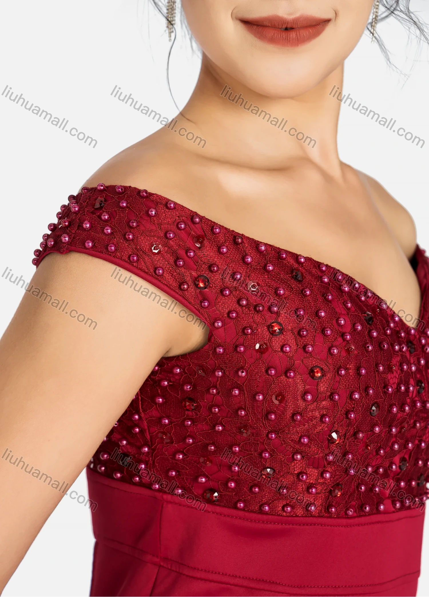 Wholesale Women's Elegant Off Shoulder Splicing Guipure Lace Rhinestone Pearl Decor Slim Fit Maxi Mermaid Evening Dress 9563# - Liuhuamall