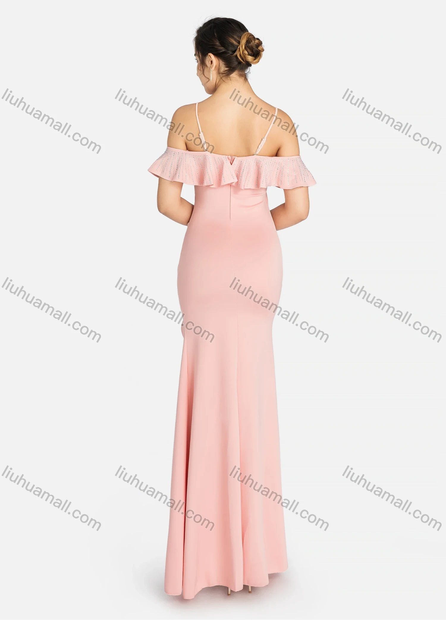 Wholesale Women's Glamorous Plain Cold Shoulder Ruffle Trim Rhinestone Split Thigh Spaghetti Strap Evening Dress 96052# - Liuhuamall