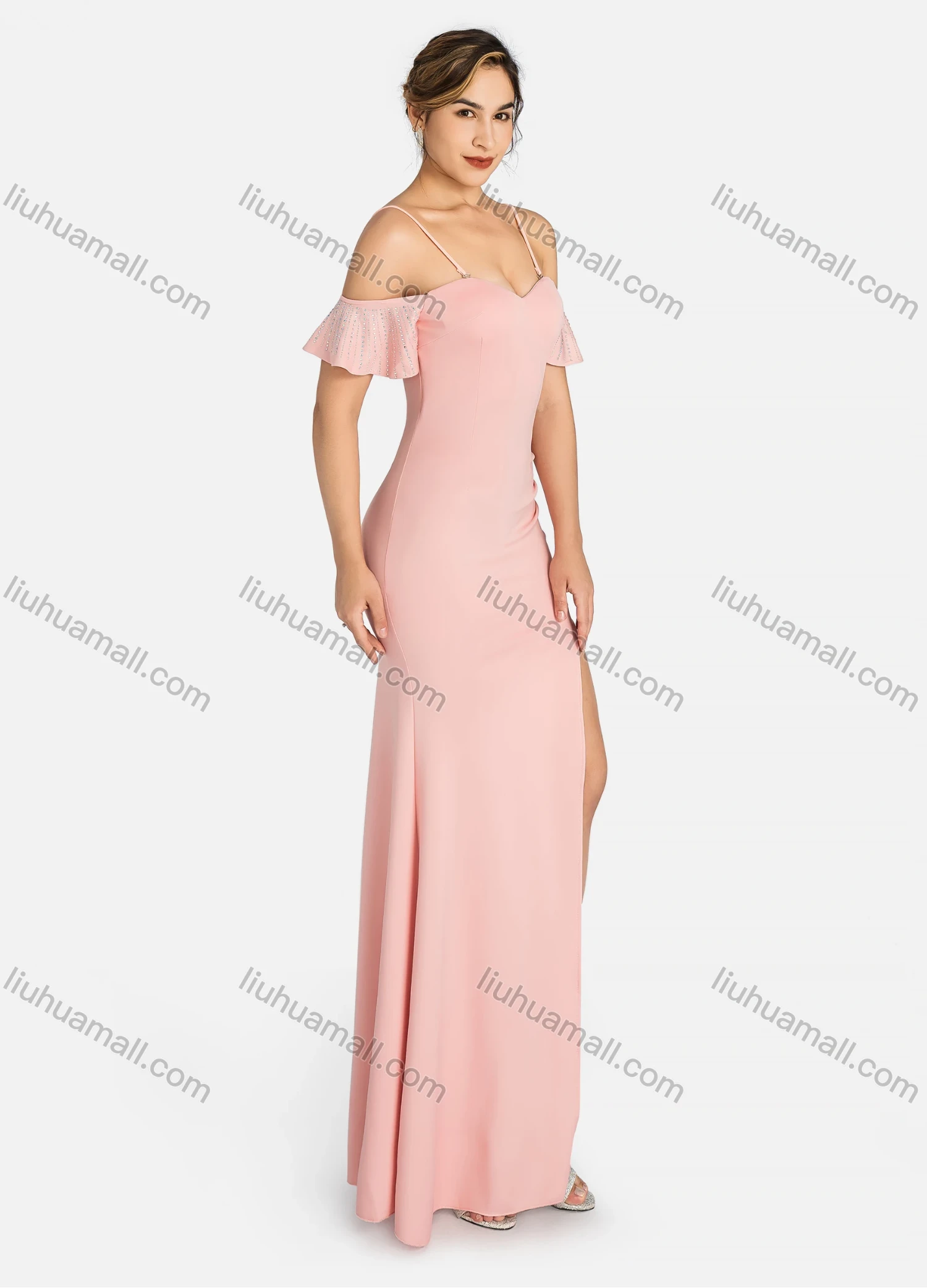 Wholesale Women's Glamorous Plain Cold Shoulder Ruffle Trim Rhinestone Split Thigh Spaghetti Strap Evening Dress 96052# - Liuhuamall