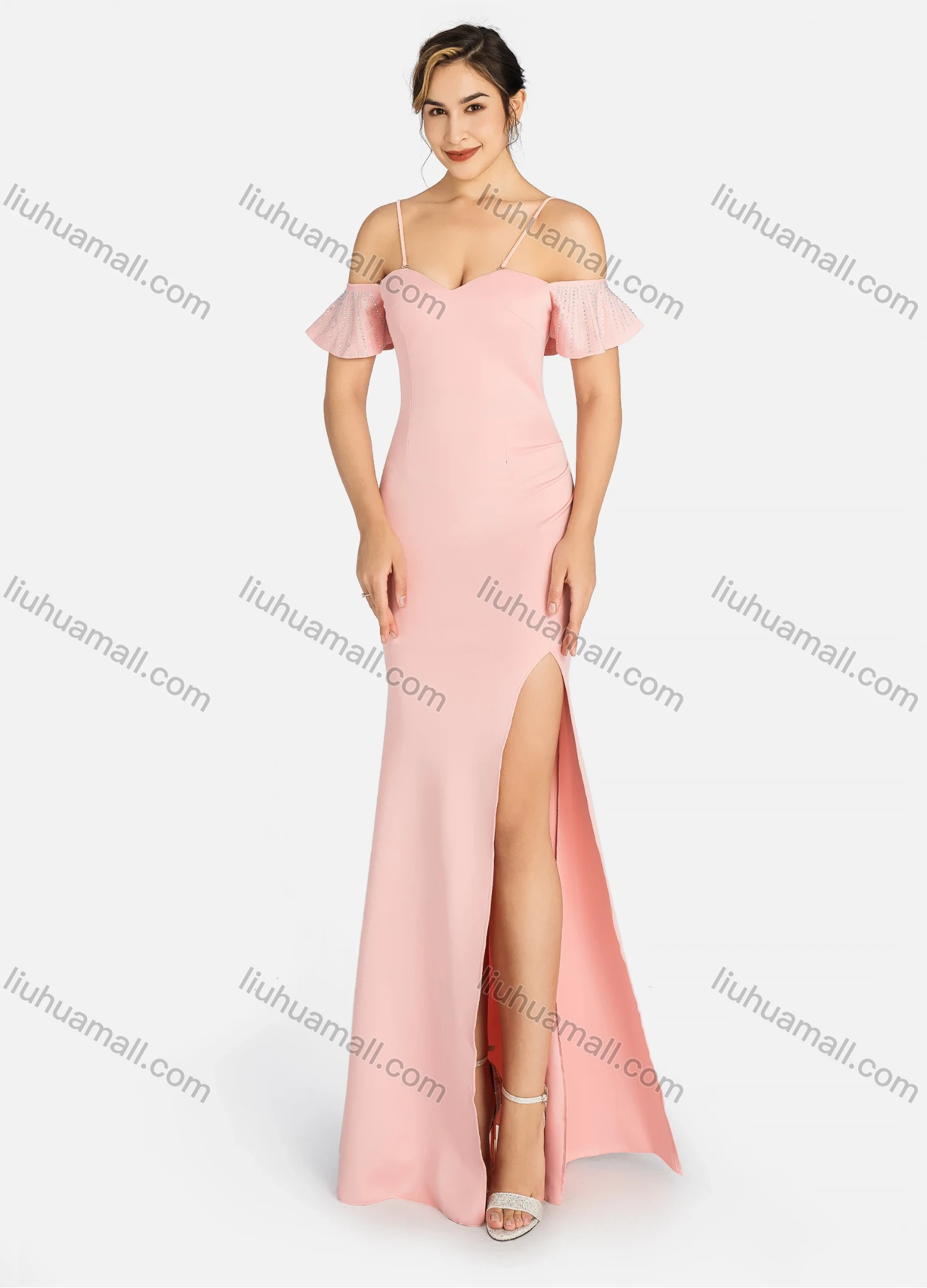 Wholesale Women's Glamorous Plain Cold Shoulder Ruffle Trim Rhinestone Split Thigh Spaghetti Strap Evening Dress 96052# - Liuhuamall