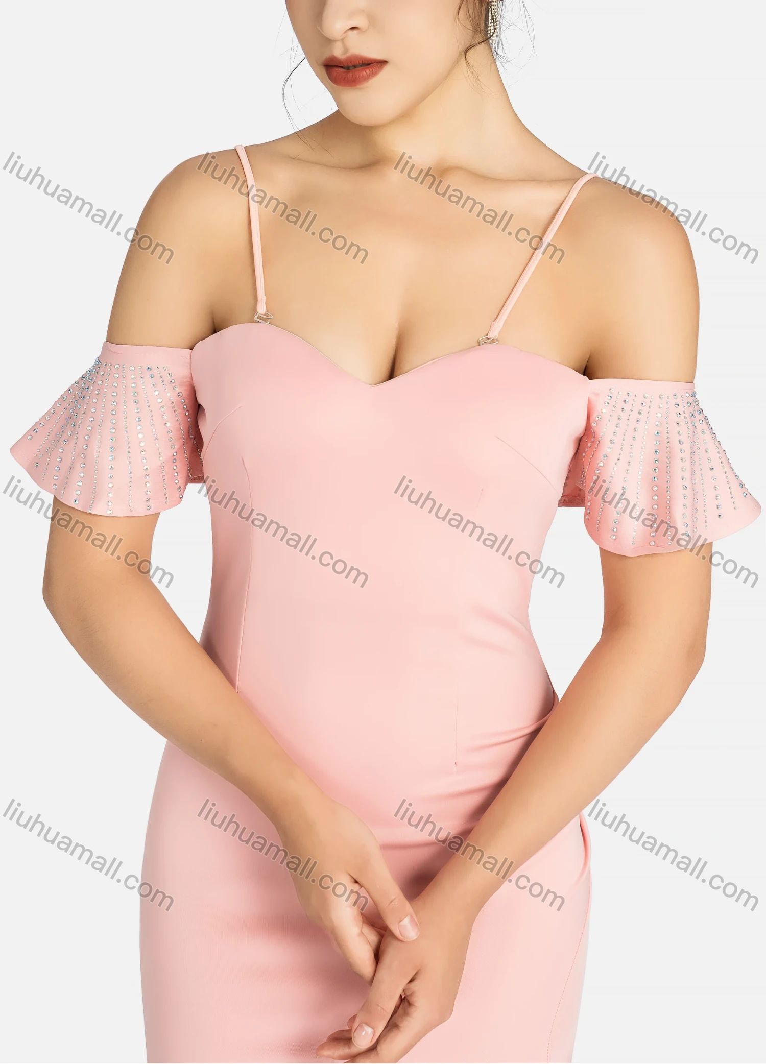 Wholesale Women's Glamorous Plain Cold Shoulder Ruffle Trim Rhinestone Split Thigh Spaghetti Strap Evening Dress 96052# - Liuhuamall