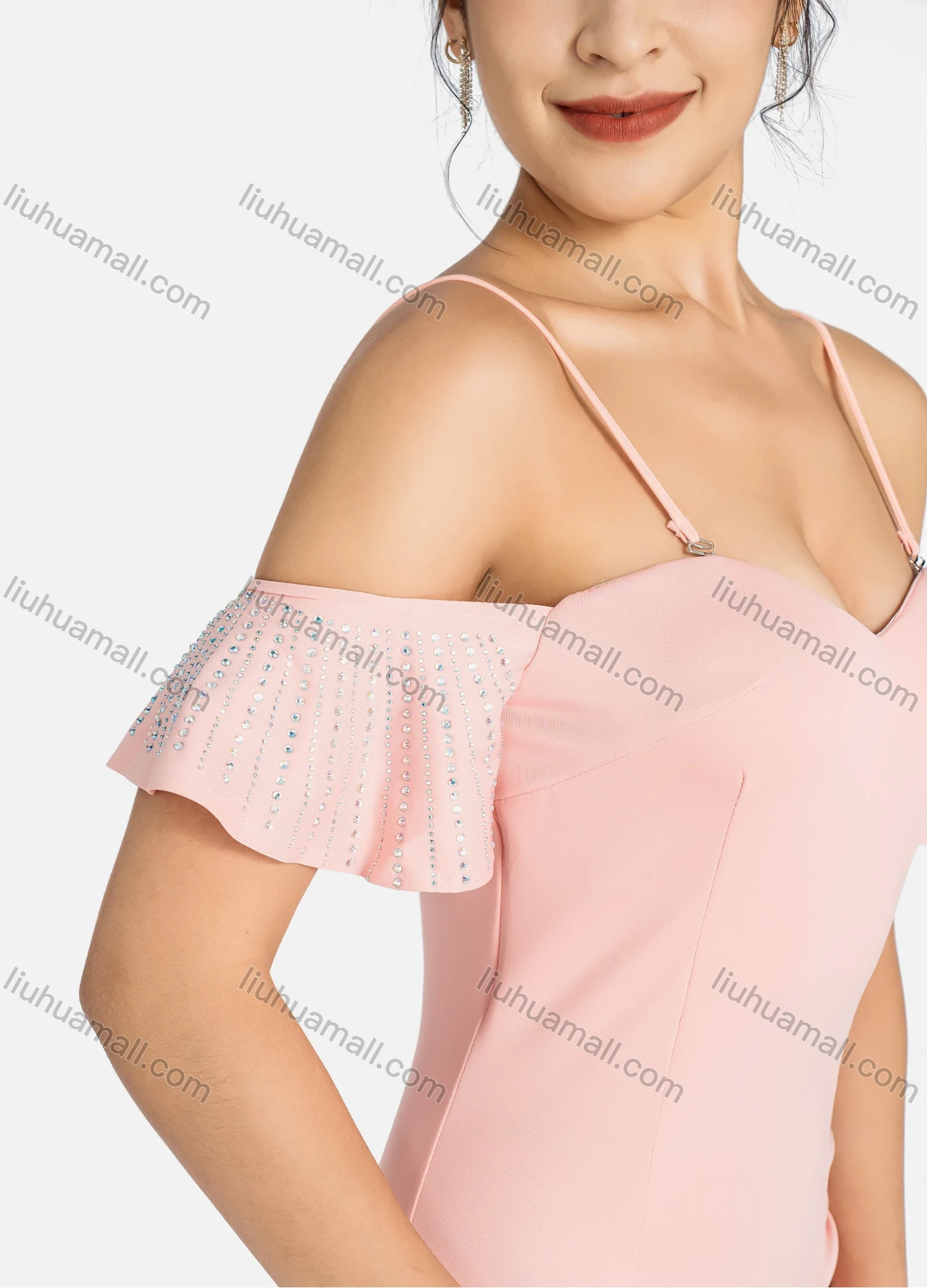 Wholesale Women's Glamorous Plain Cold Shoulder Ruffle Trim Rhinestone Split Thigh Spaghetti Strap Evening Dress 96052# - Liuhuamall