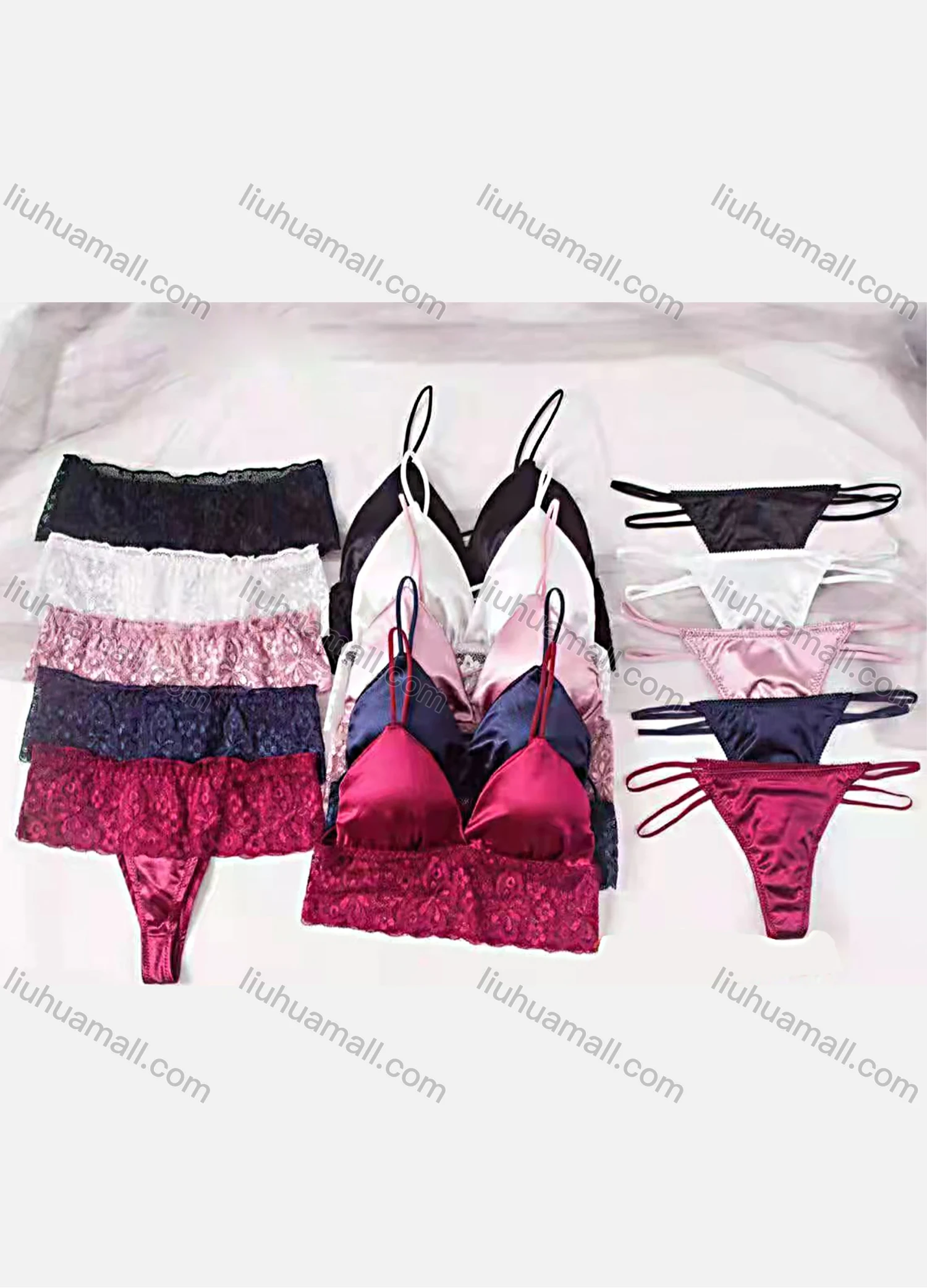 Wholesale Women's Sexy Plain Spaghetti Straps Lace Bra & Thongs Brief 2 Pieces Set - Liuhuamall