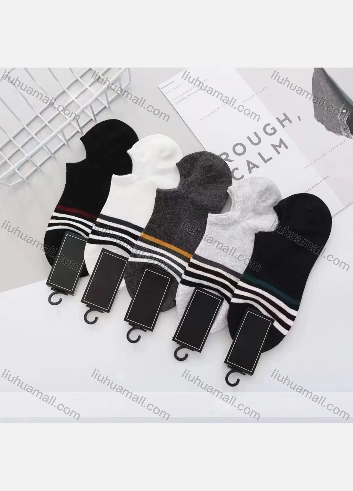 Wholesale Men's Breathable Cushioned Striped No Show Socks - Liuhuamall