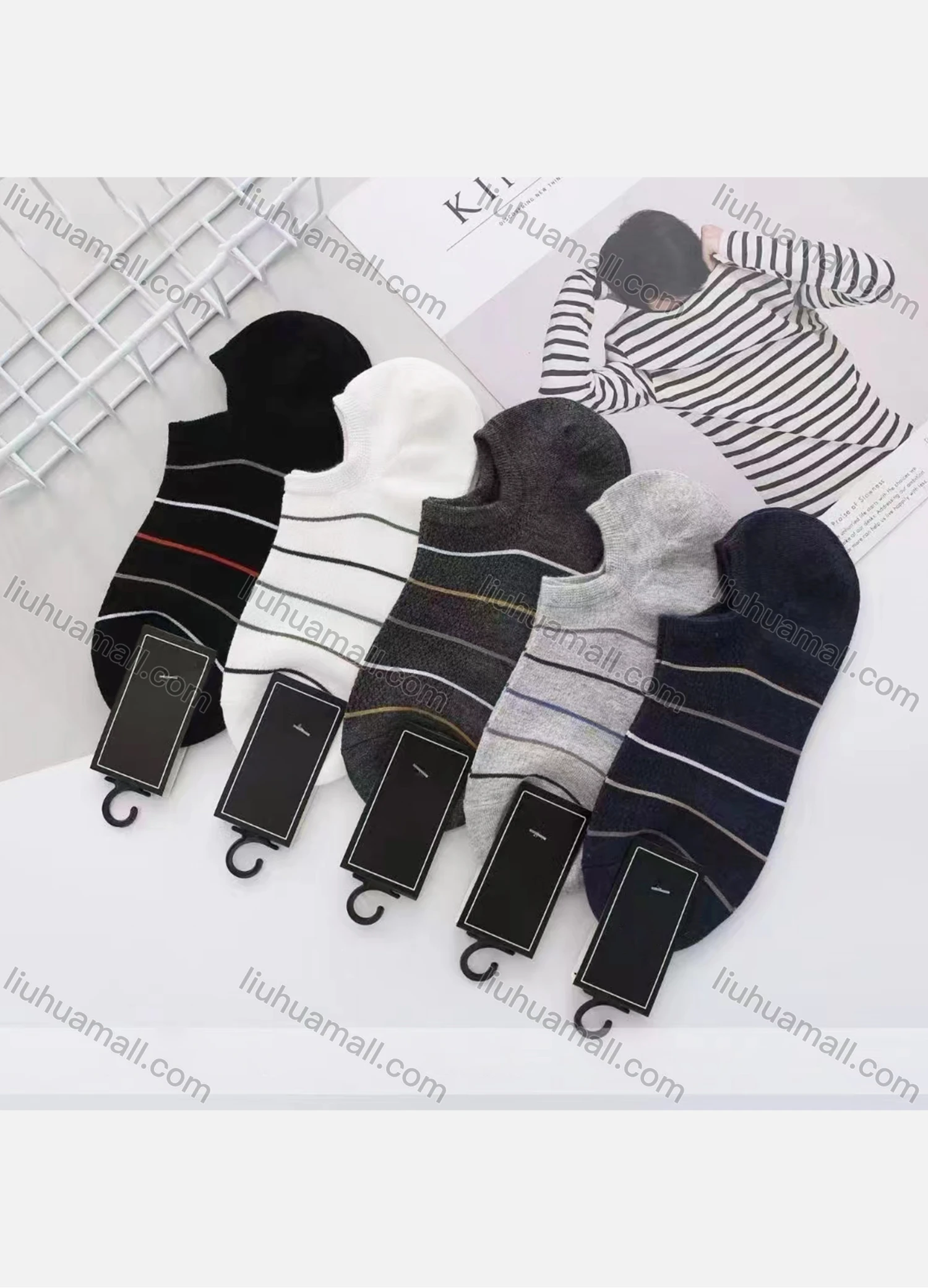 Wholesale Men's Breathable Cushioned Striped No Show Socks - Liuhuamall