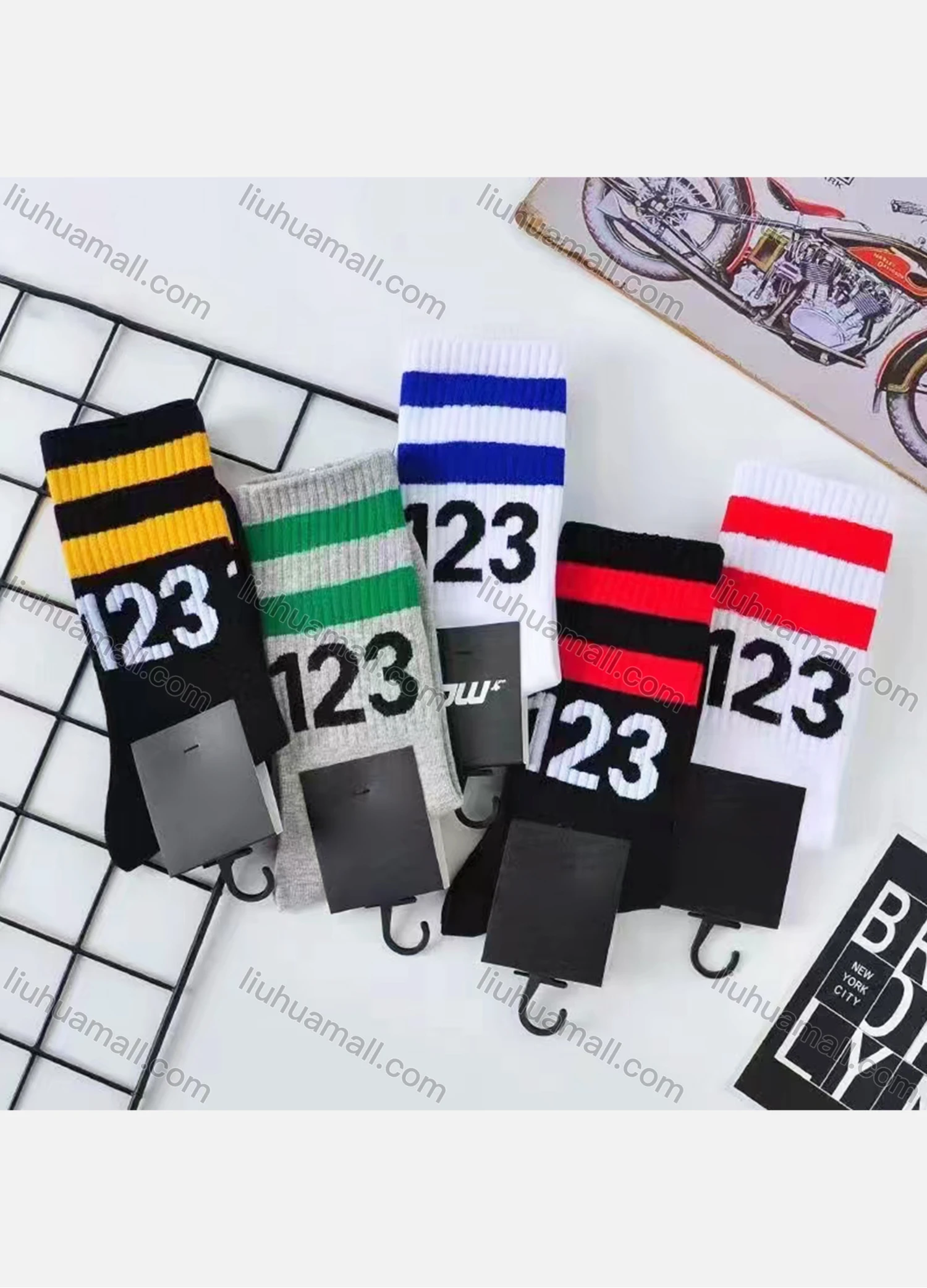 Wholesale Men's Breathable Cushioned Striped Letter Print Crew Socks - Liuhuamall