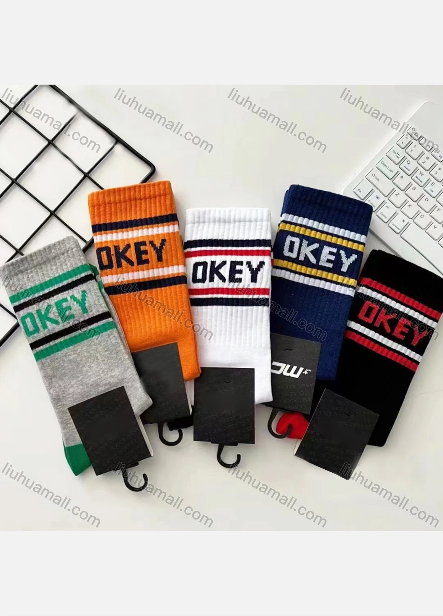 Wholesale Men's Breathable Cushioned Striped Letter Print Crew Socks - Liuhuamall