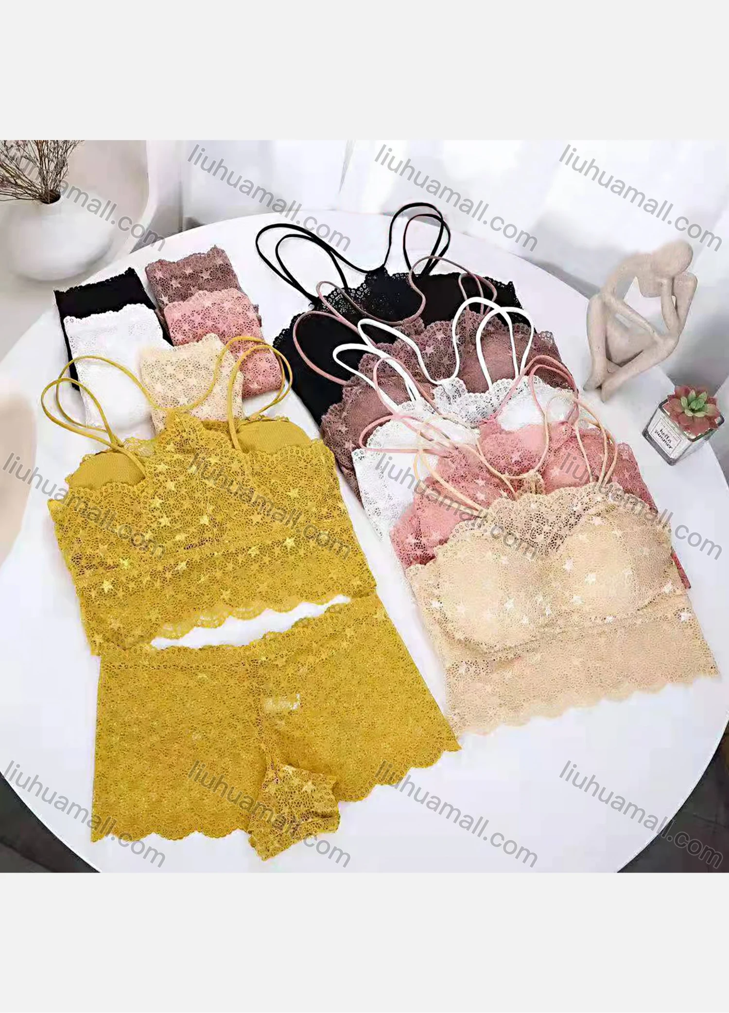 Wholesale Women's Plain Guipure Lace Bra & Brief 2 Pieces Set - Liuhuamall