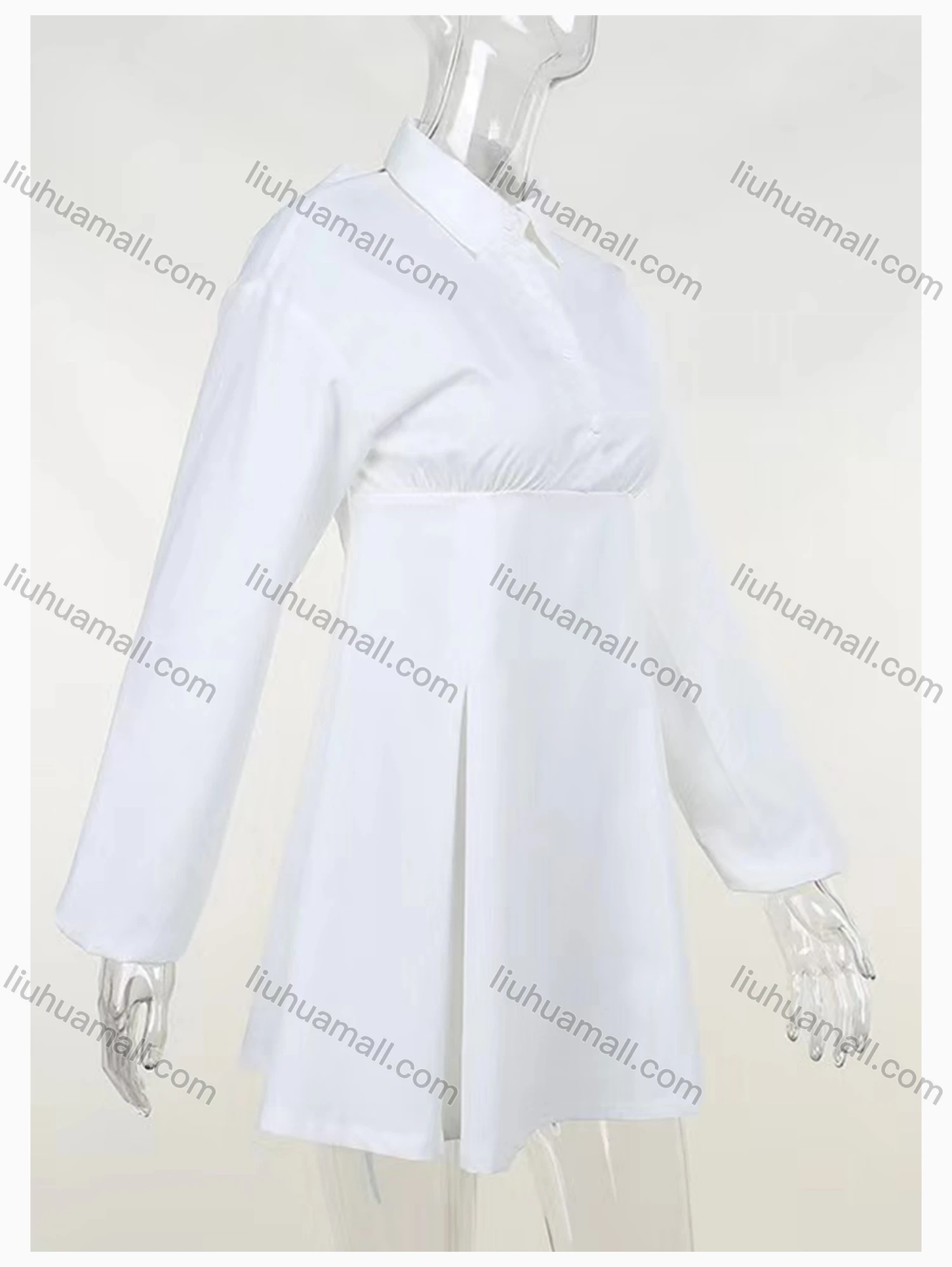 Wholesale Women's Casual Stand Collar Long Sleeve Tie Back Plain Short Dress - Liuhuamall