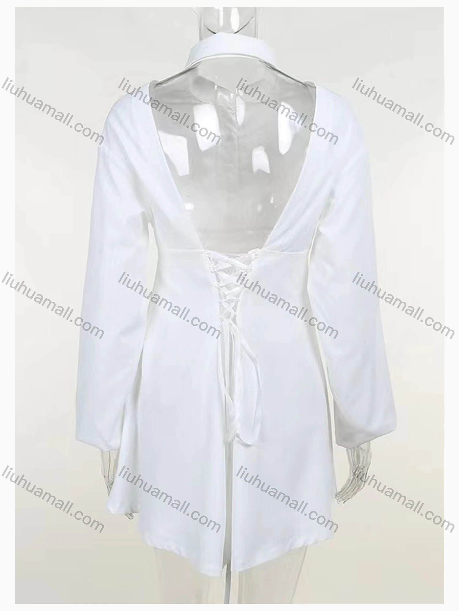 Wholesale Women's Casual Stand Collar Long Sleeve Tie Back Plain Short Dress - Liuhuamall