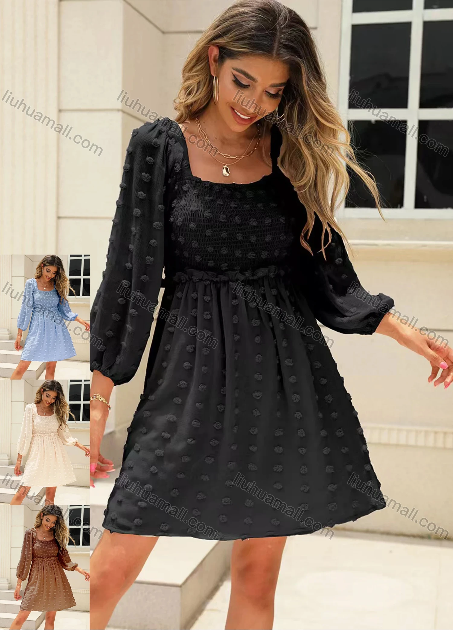 Wholesale Women's Casual Square Neck Lantern Sleeve Swiss Dot Plain Short Dress - Liuhuamall