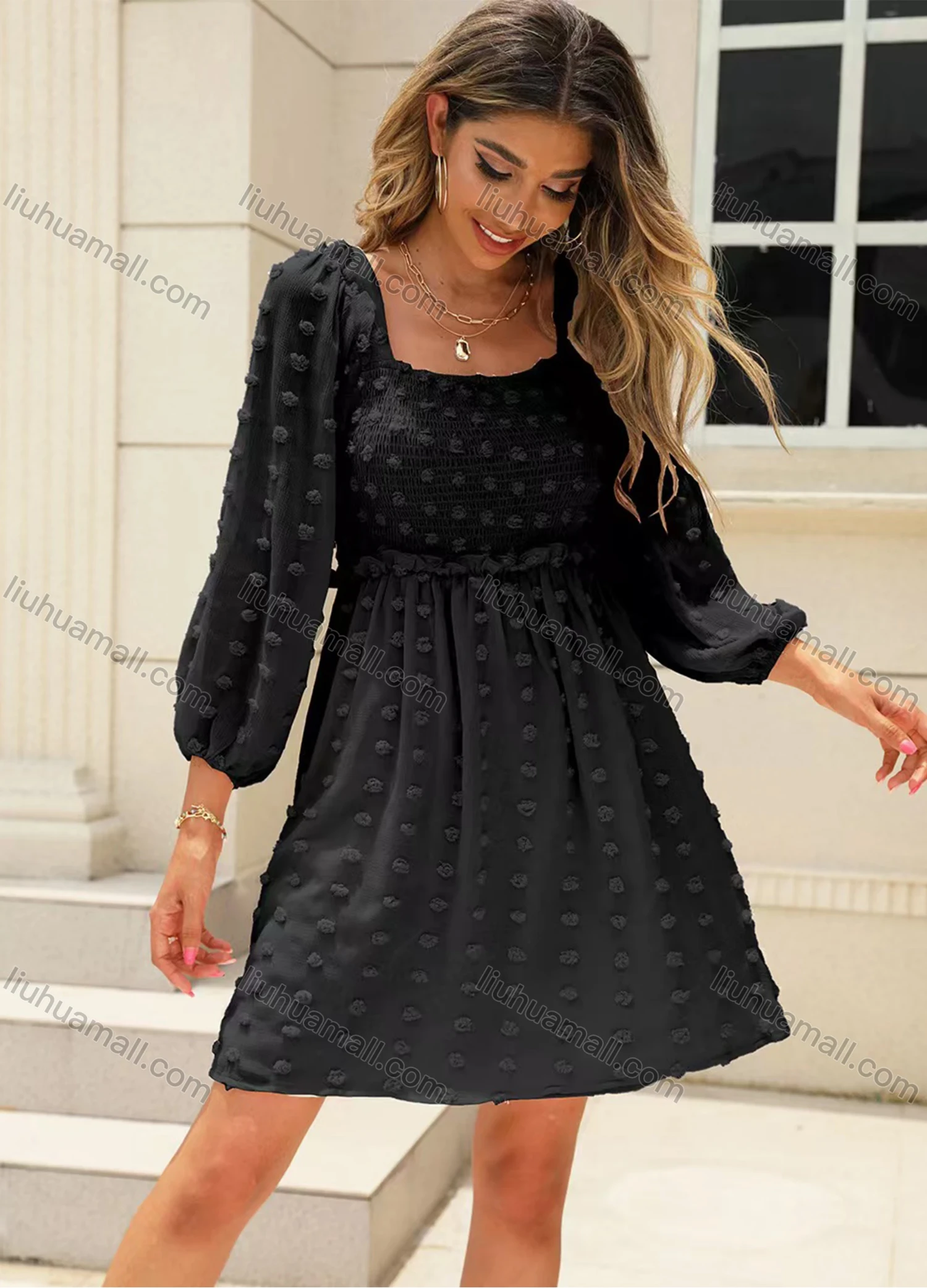 Wholesale Women's Casual Square Neck Lantern Sleeve Swiss Dot Plain Short Dress - Liuhuamall