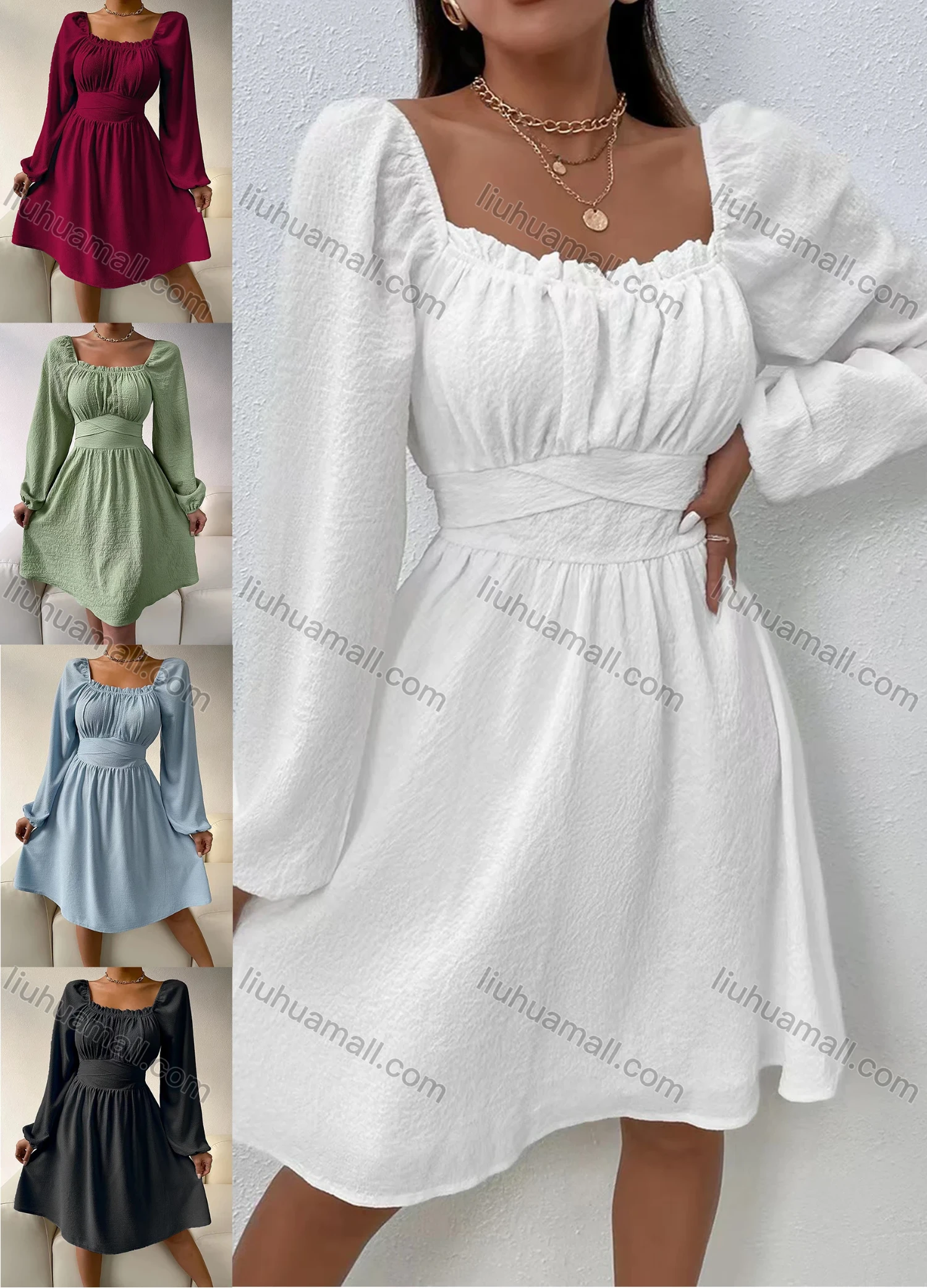 Wholesale Women's Casual Square Neck Lantern Sleeve Plain Short Dress - Liuhuamall