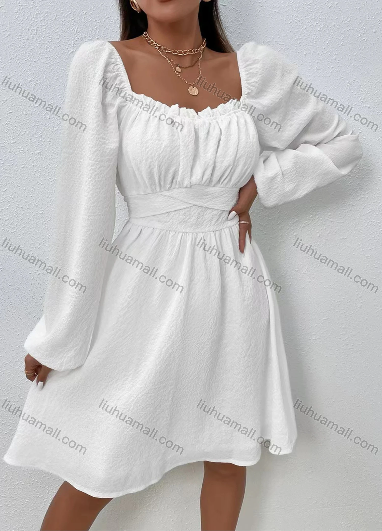 Wholesale Women's Casual Square Neck Lantern Sleeve Plain Short Dress - Liuhuamall