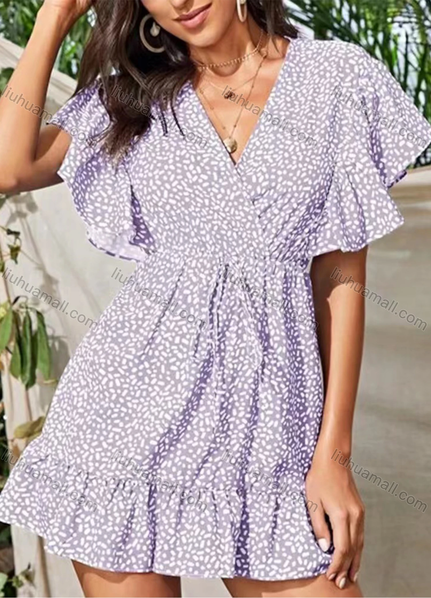 Wholesale Women's Causal V Neck Flutter Sleeve Allover Print Short Dress - Liuhuamall