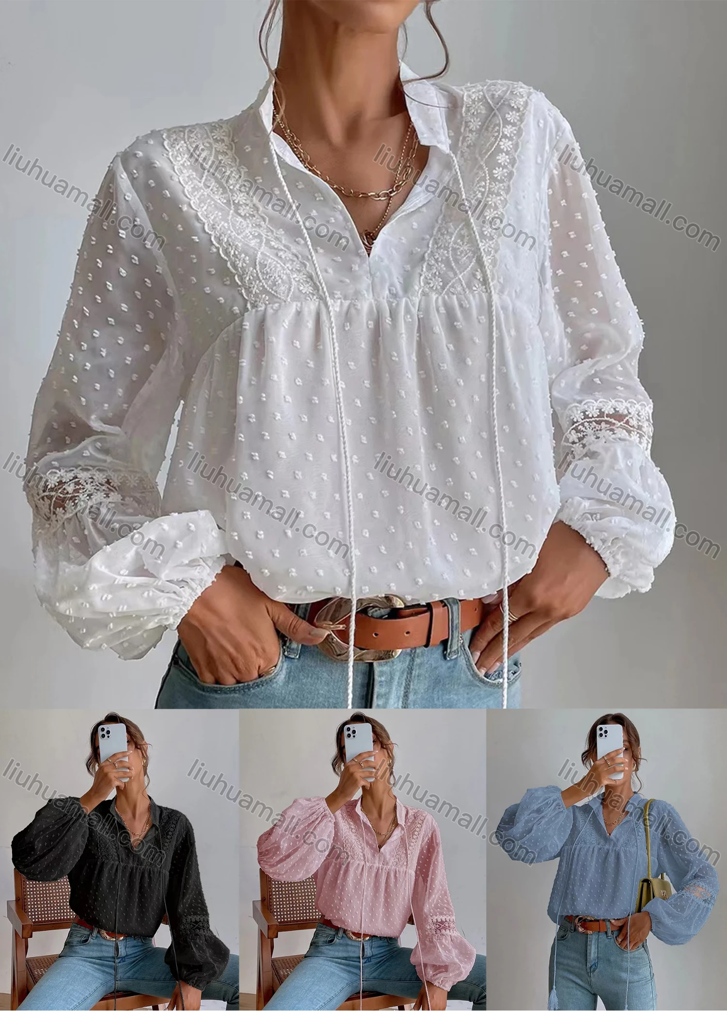 Wholesale Women's Casual Notched Neck Lantern Sleeve Swiss Dot Plain Blouse - Liuhuamall