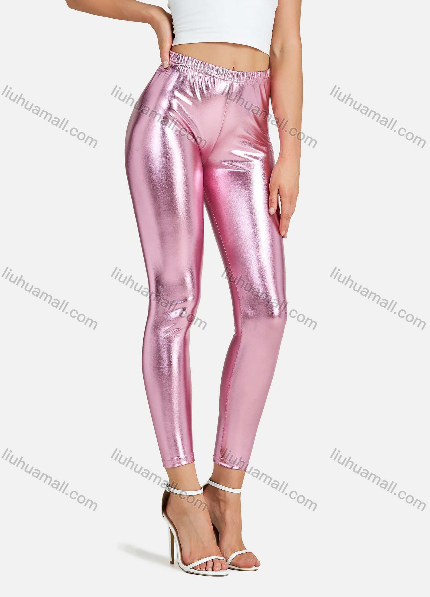 Wholesale Women's Fashion High Waist Skinny Ankle Length Shiny Faux Leather Leggings - Liuhuamall