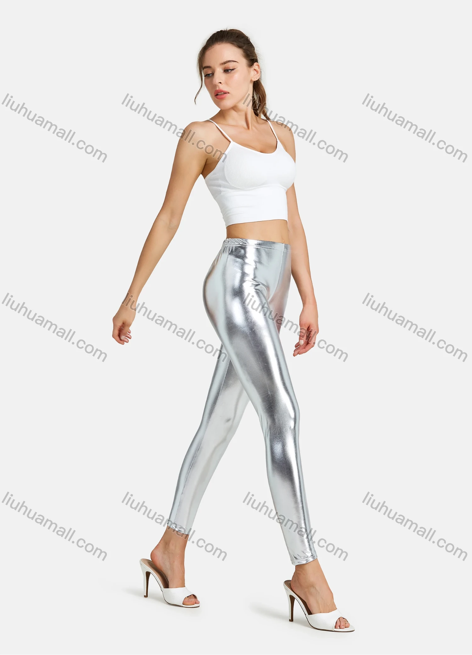 Wholesale Women's Fashion High Waist Skinny Ankle Length Shiny Faux Leather Leggings - Liuhuamall