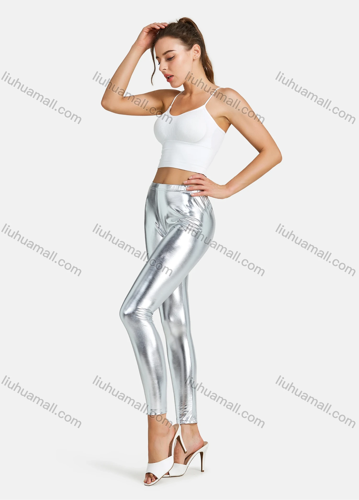 Wholesale Women's Fashion High Waist Skinny Ankle Length Shiny Faux Leather Leggings - Liuhuamall